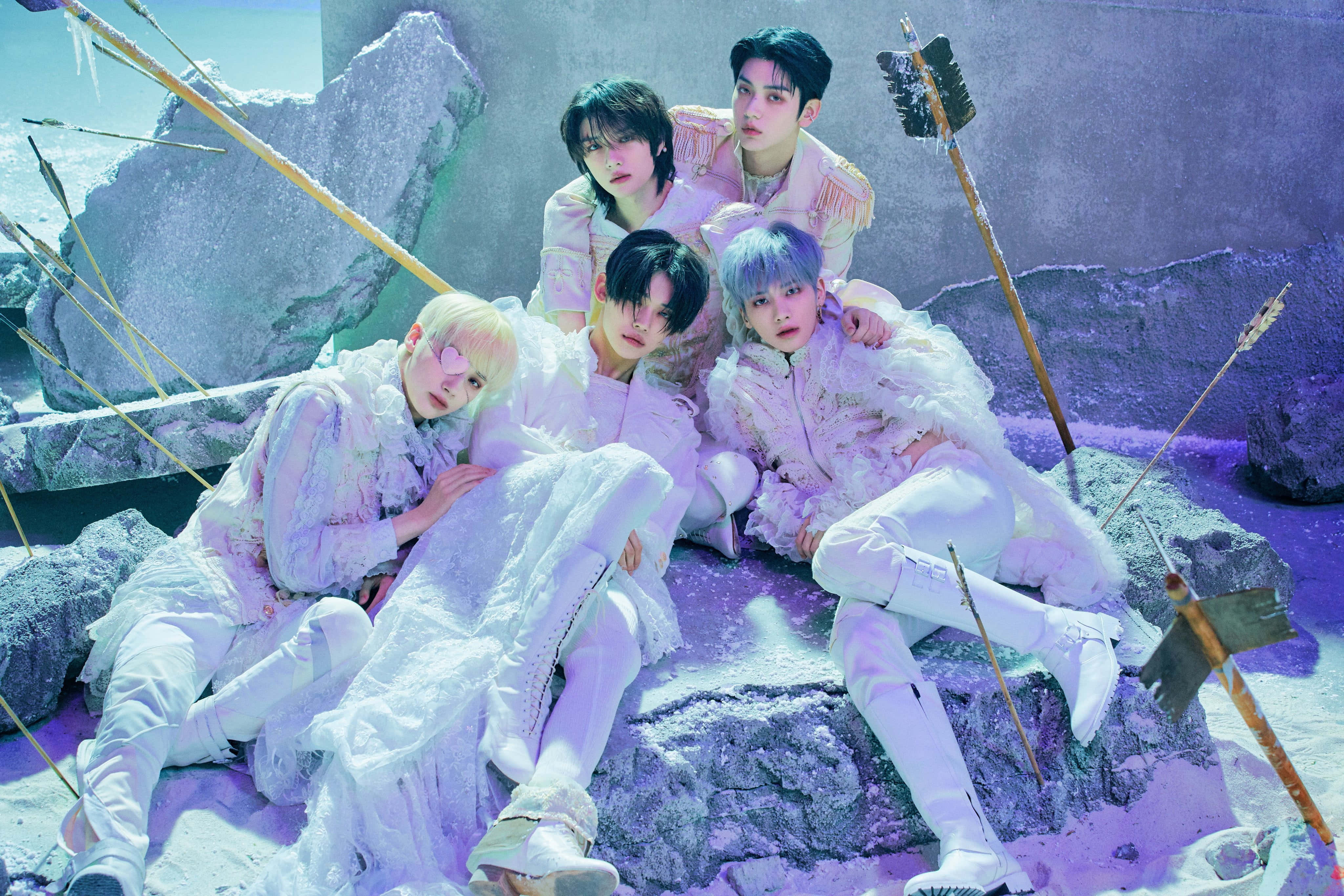BTS, ornate white outfits, icy rocks, 4K Desktop Wallpaper
