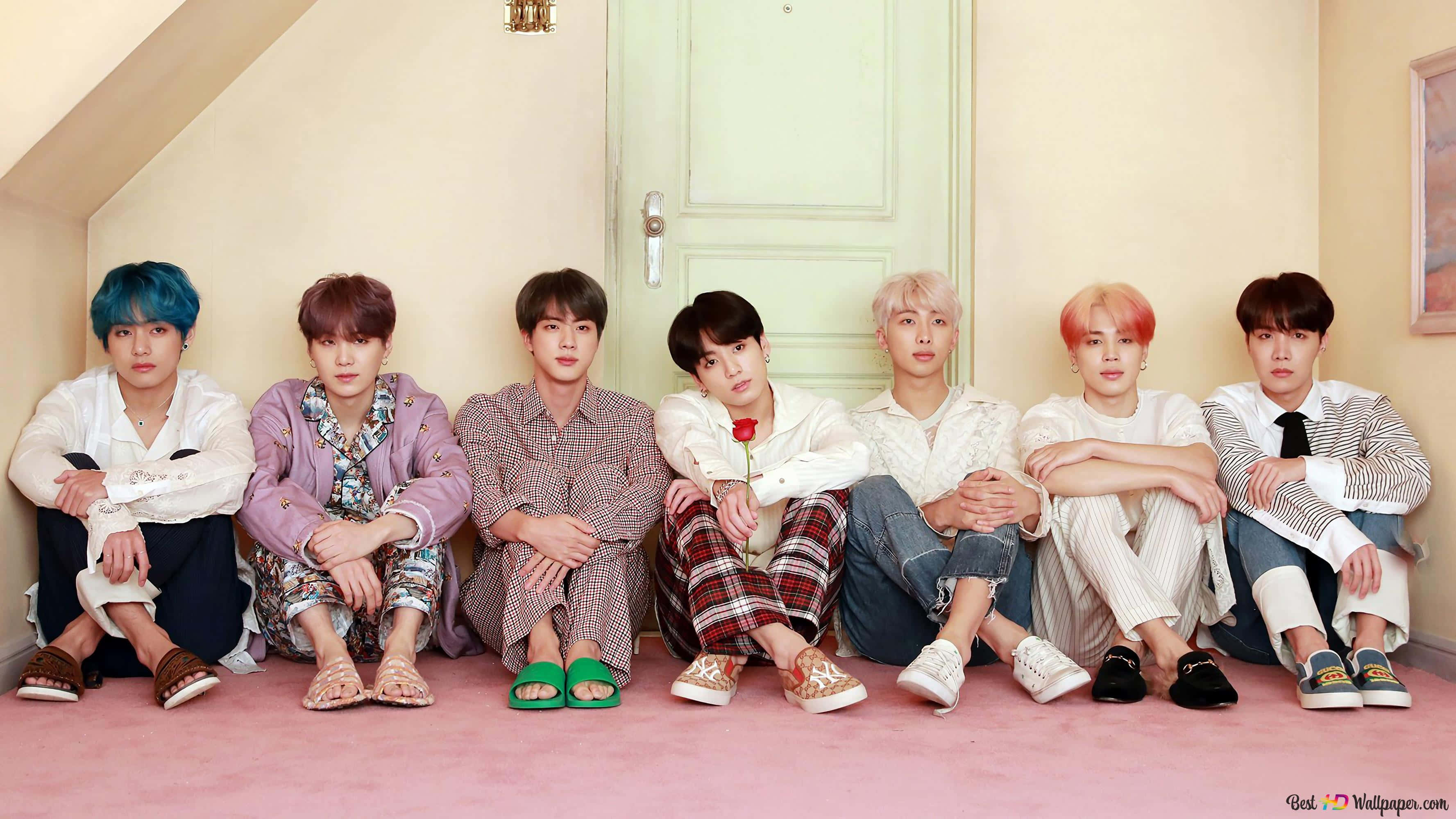 BTS, persona concept photo, pink floor, 2K Desktop Wallpaper