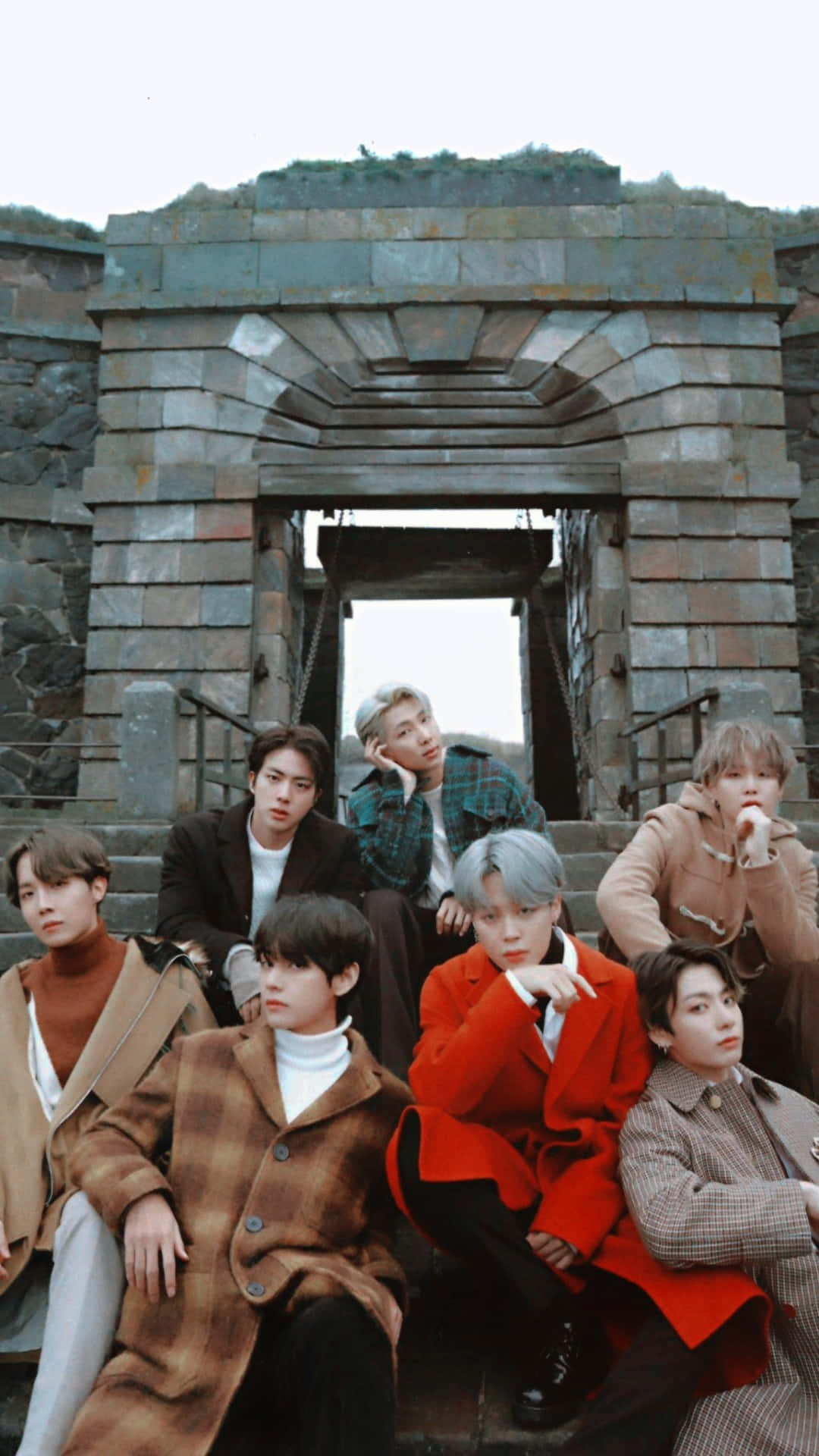 BTS, stone staircase, autumn coats, Full HD Phone Wallpaper