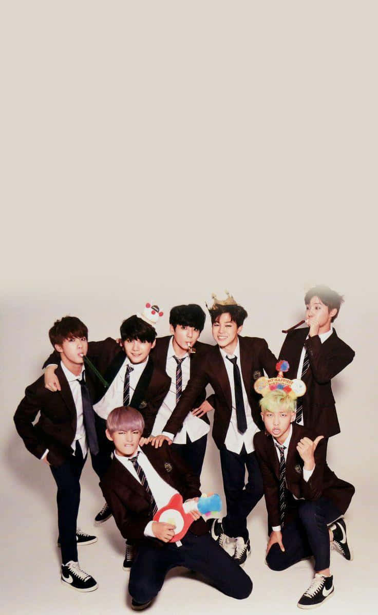 BTS, school uniforms, plain beige background, SD Phone Wallpaper