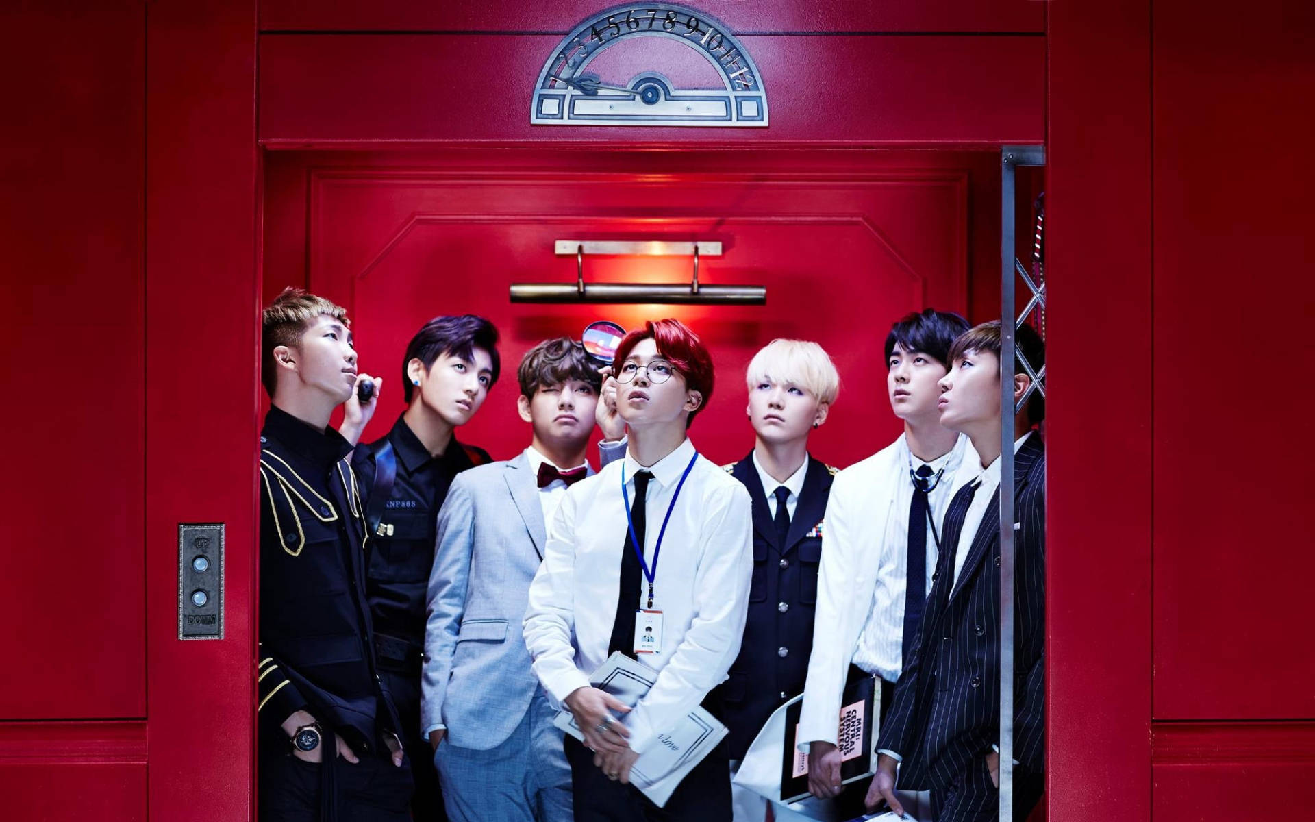BTS, red elevator, formal suits, Full HD Desktop Wallpaper