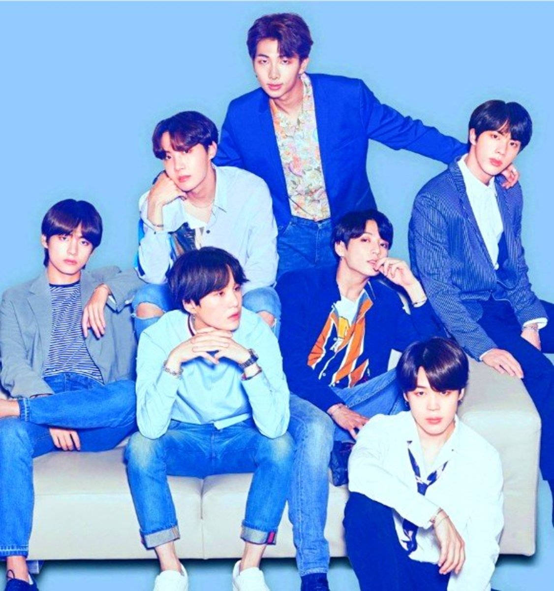 BTS, blue, white couch, SD Phone Wallpaper