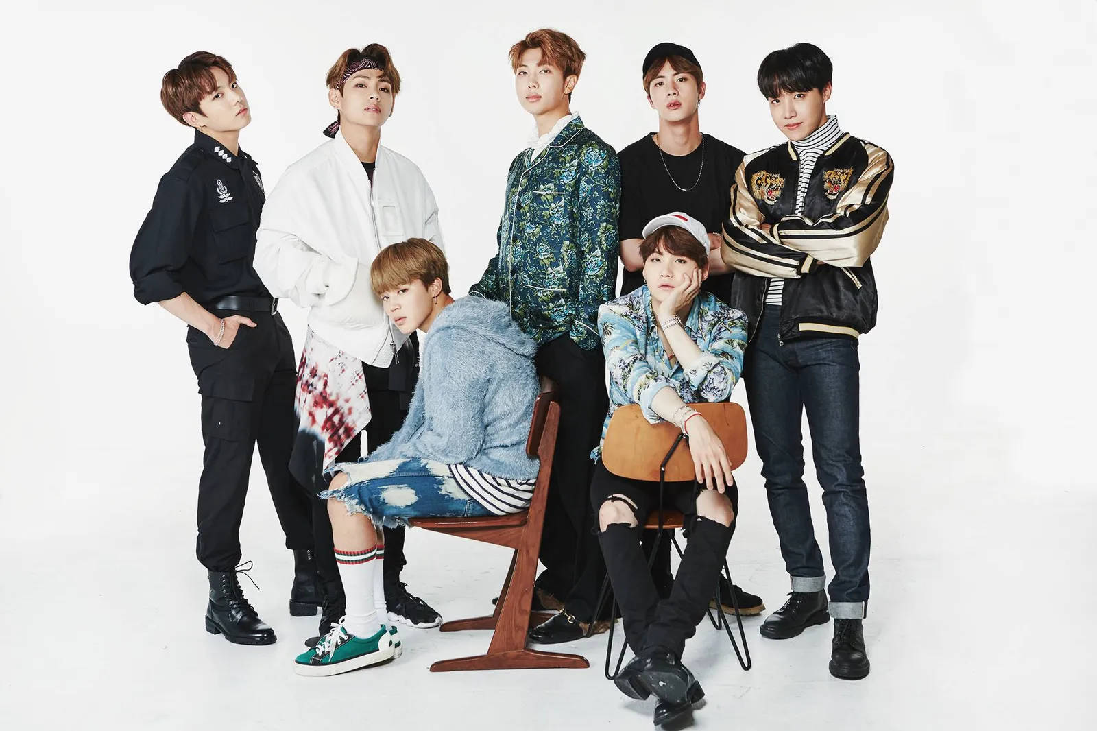 BTS, white backdrop, streetwear, HD Desktop Wallpaper