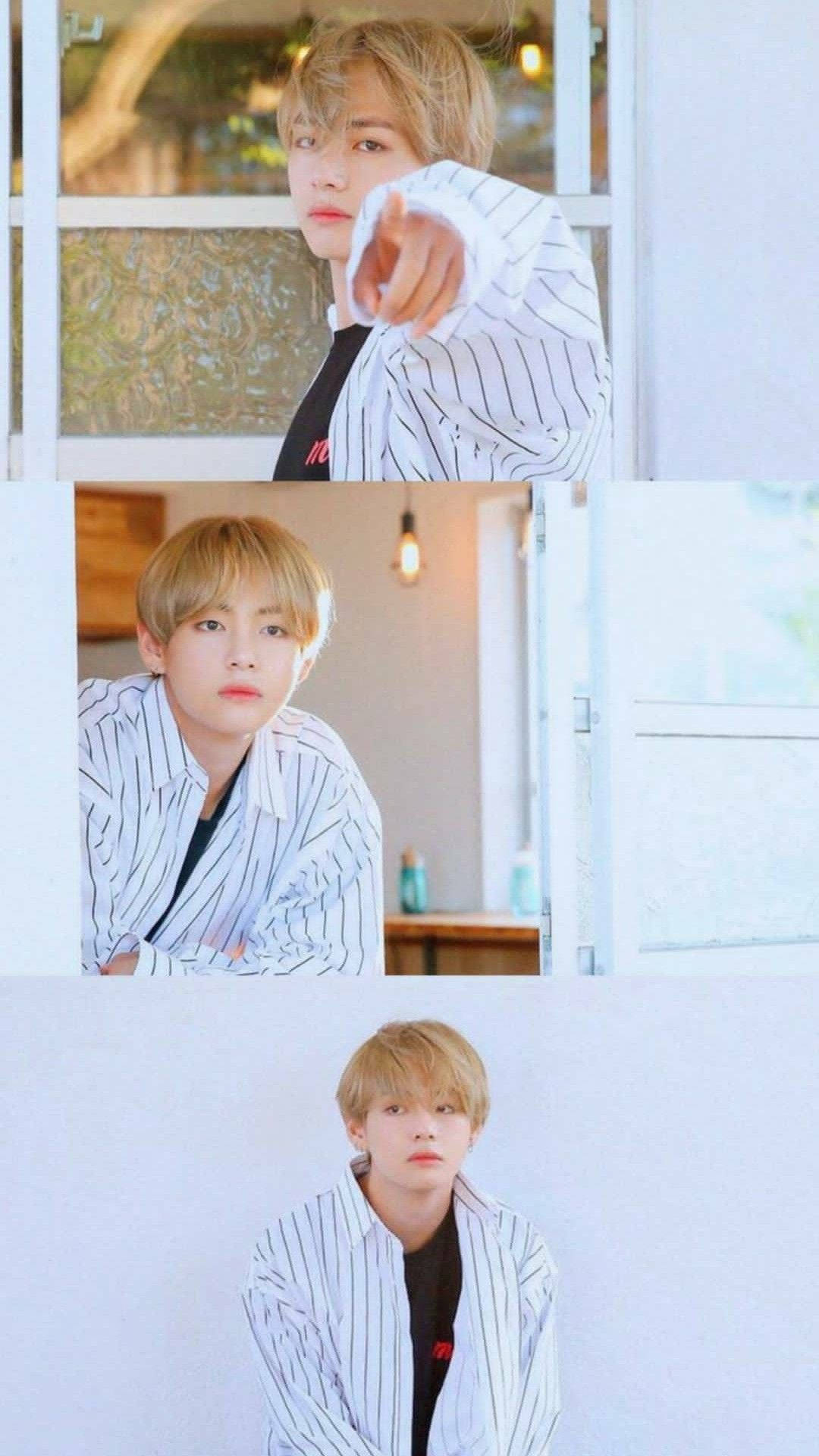 BTS V, white collage, blonde hair, Full HD Phone Wallpaper