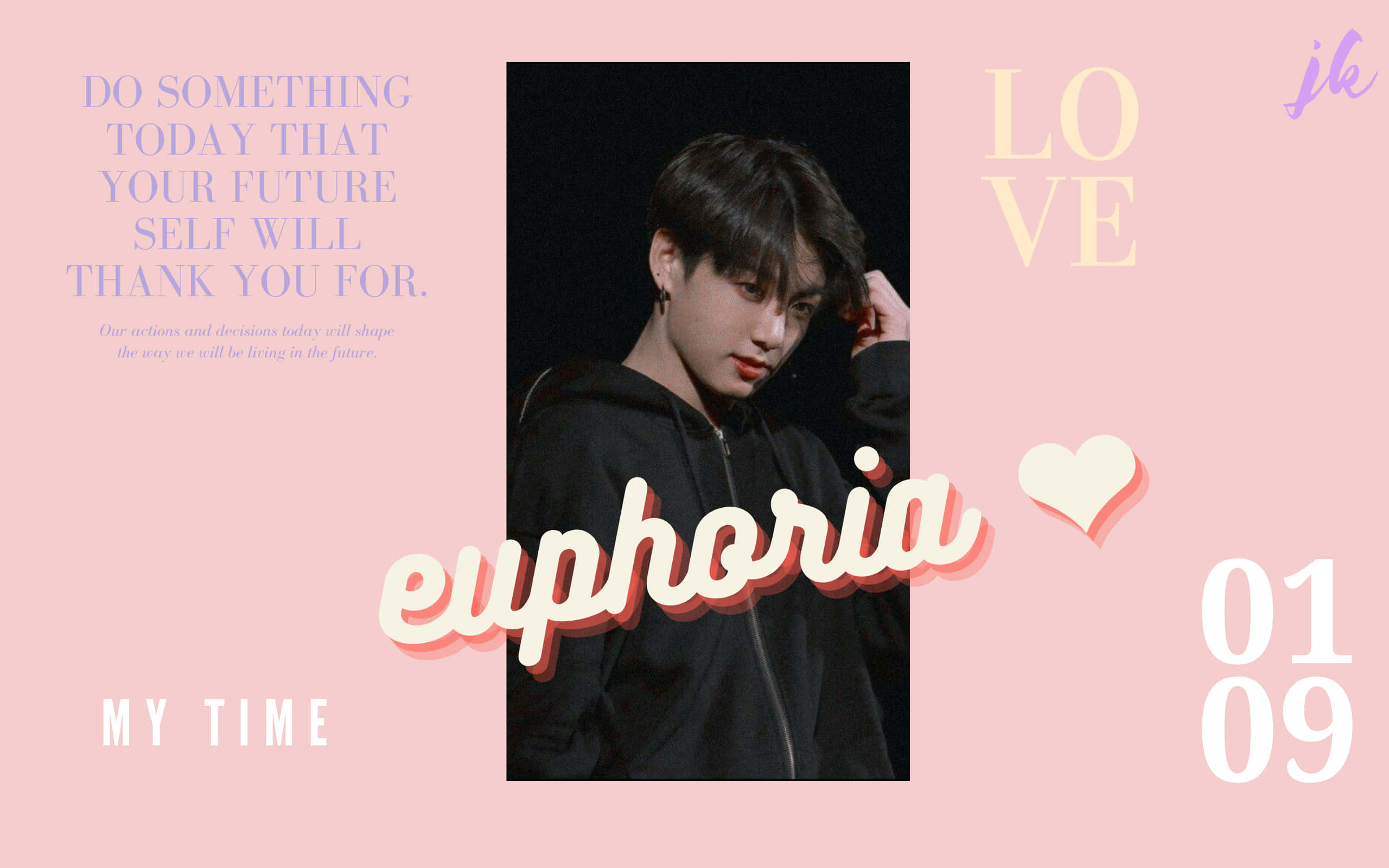 BTS Pink Aesthetic Desktop, black hoodie, soft pink background, 2K Desktop Wallpaper