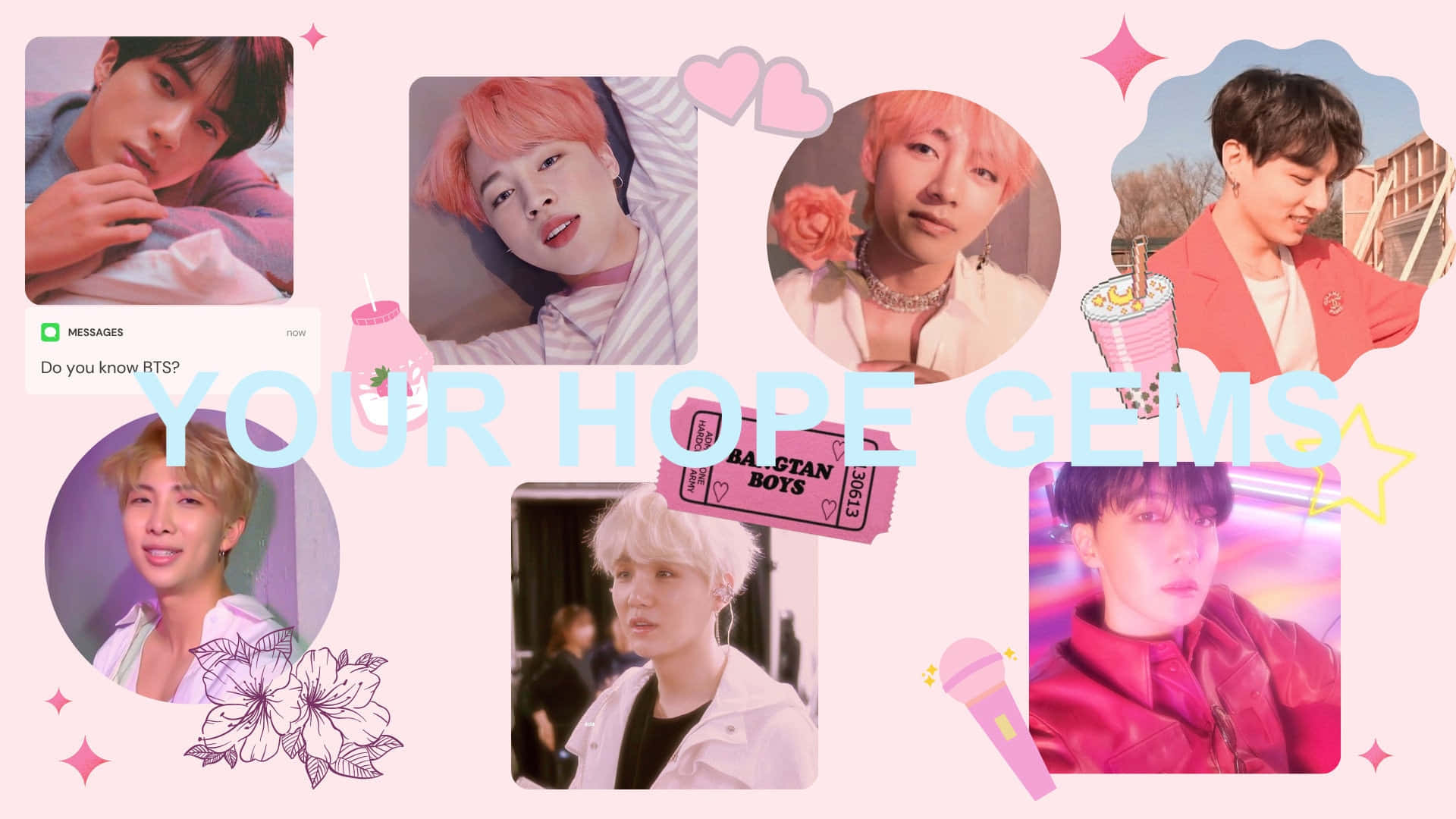 BTS, pink aesthetic desktop, K-pop idols, Full HD Desktop Wallpaper