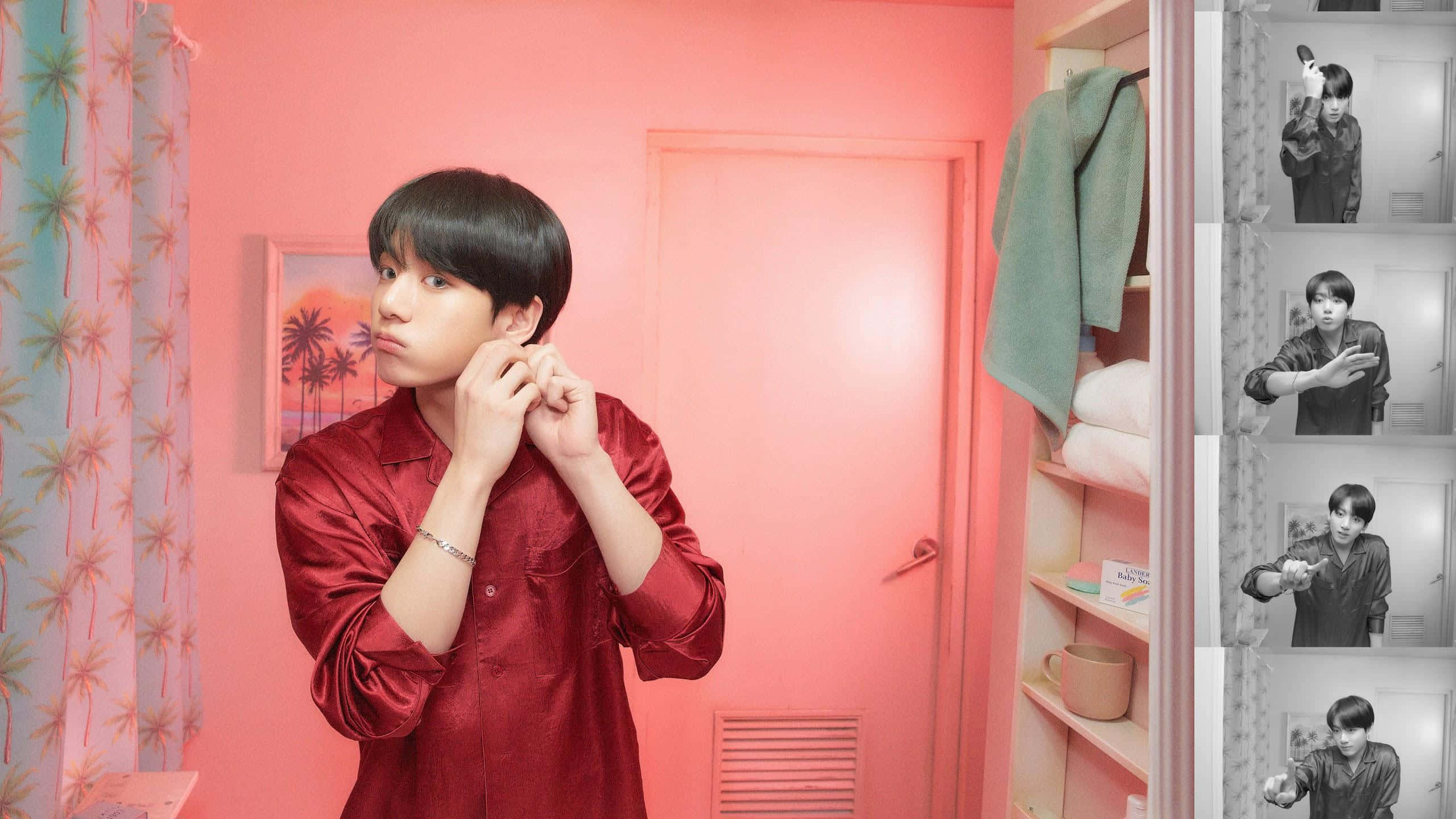 BTS, pink-hued bathroom, palm-patterned curtains, 2K Desktop Wallpaper