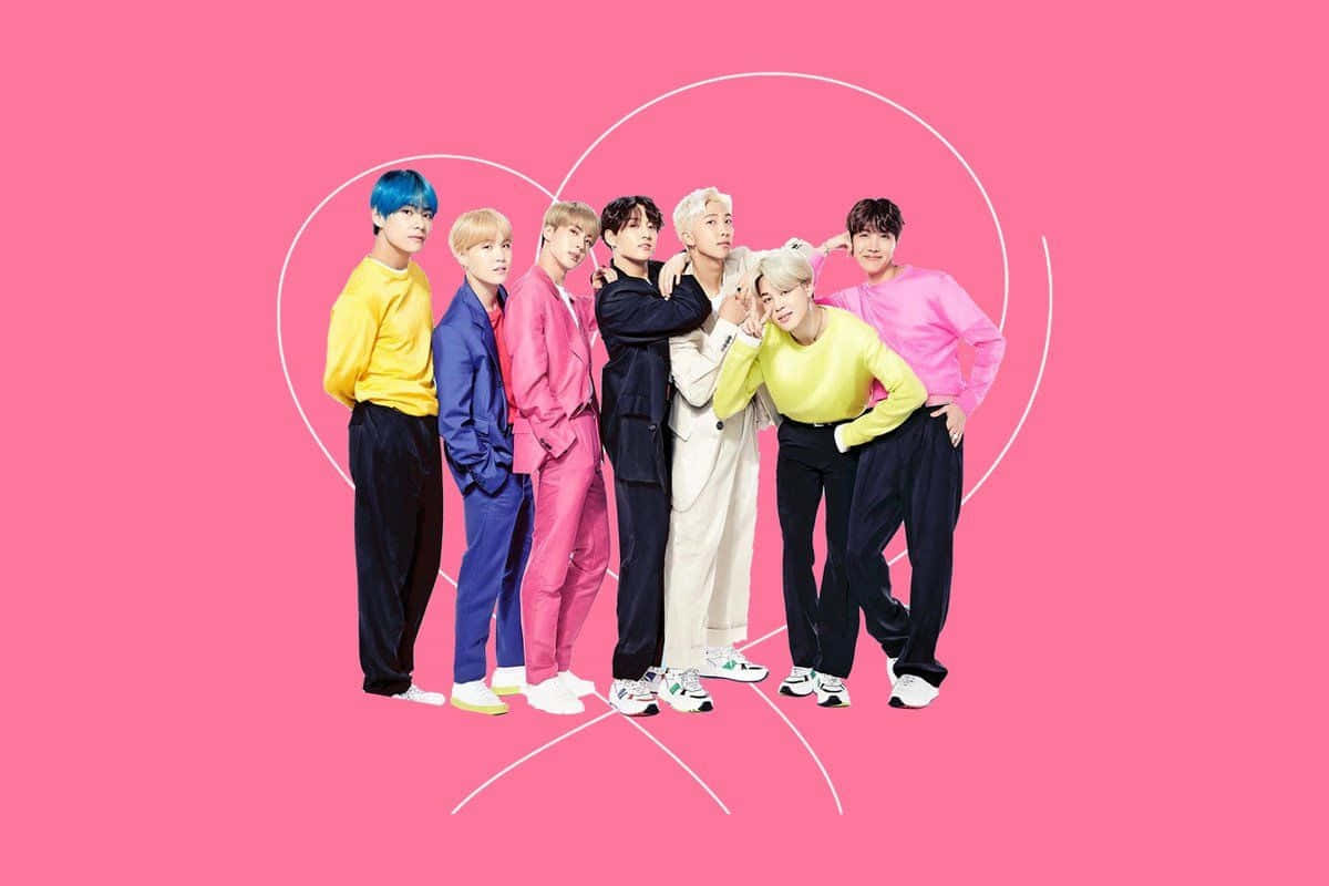 BTS, pink background, white heart outline, SD Desktop Wallpaper