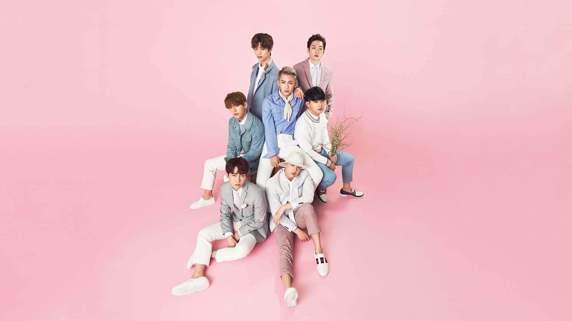 BTS, pastel suits, solid pink studio floor, Full HD Desktop Wallpaper