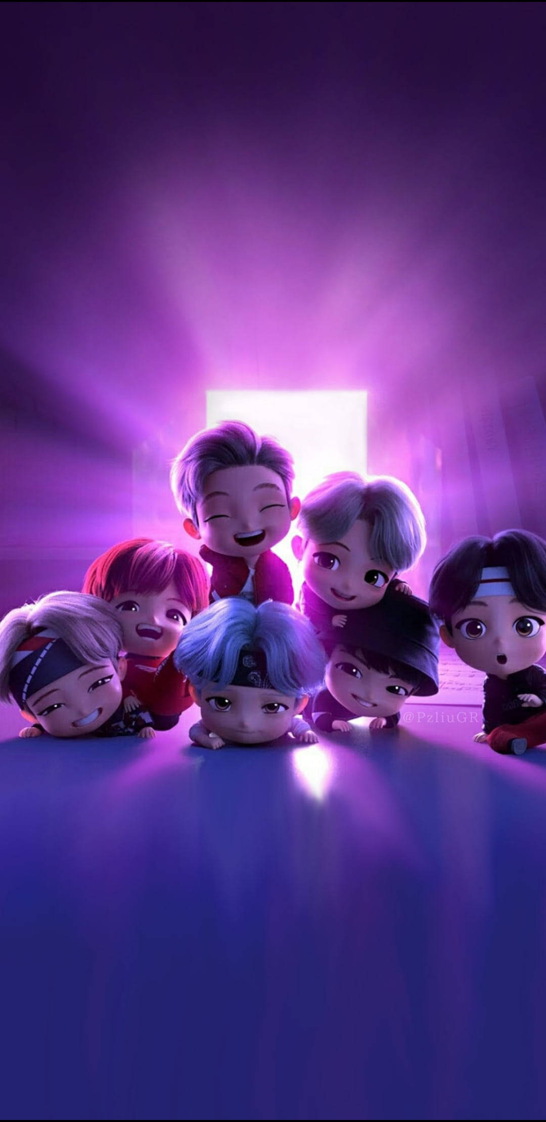 BTS, anime purple aesthetic, chibi-style animated figures, Full HD Phone Wallpaper