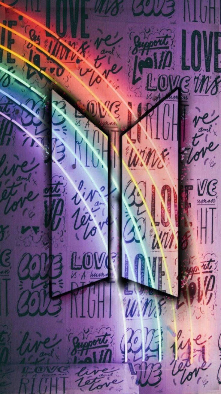 BTS, neon rainbow, purple wall, HD Phone Wallpaper