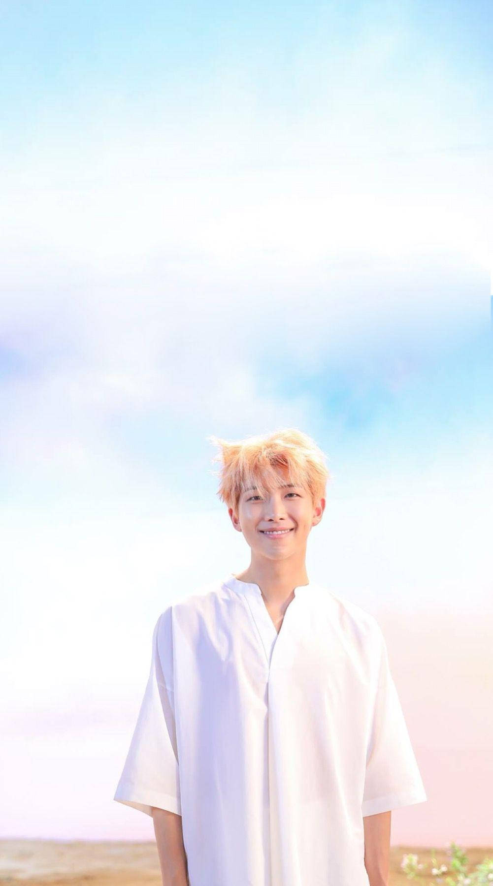 BTS RM, pastel sky, white shirt, HD Phone Wallpaper