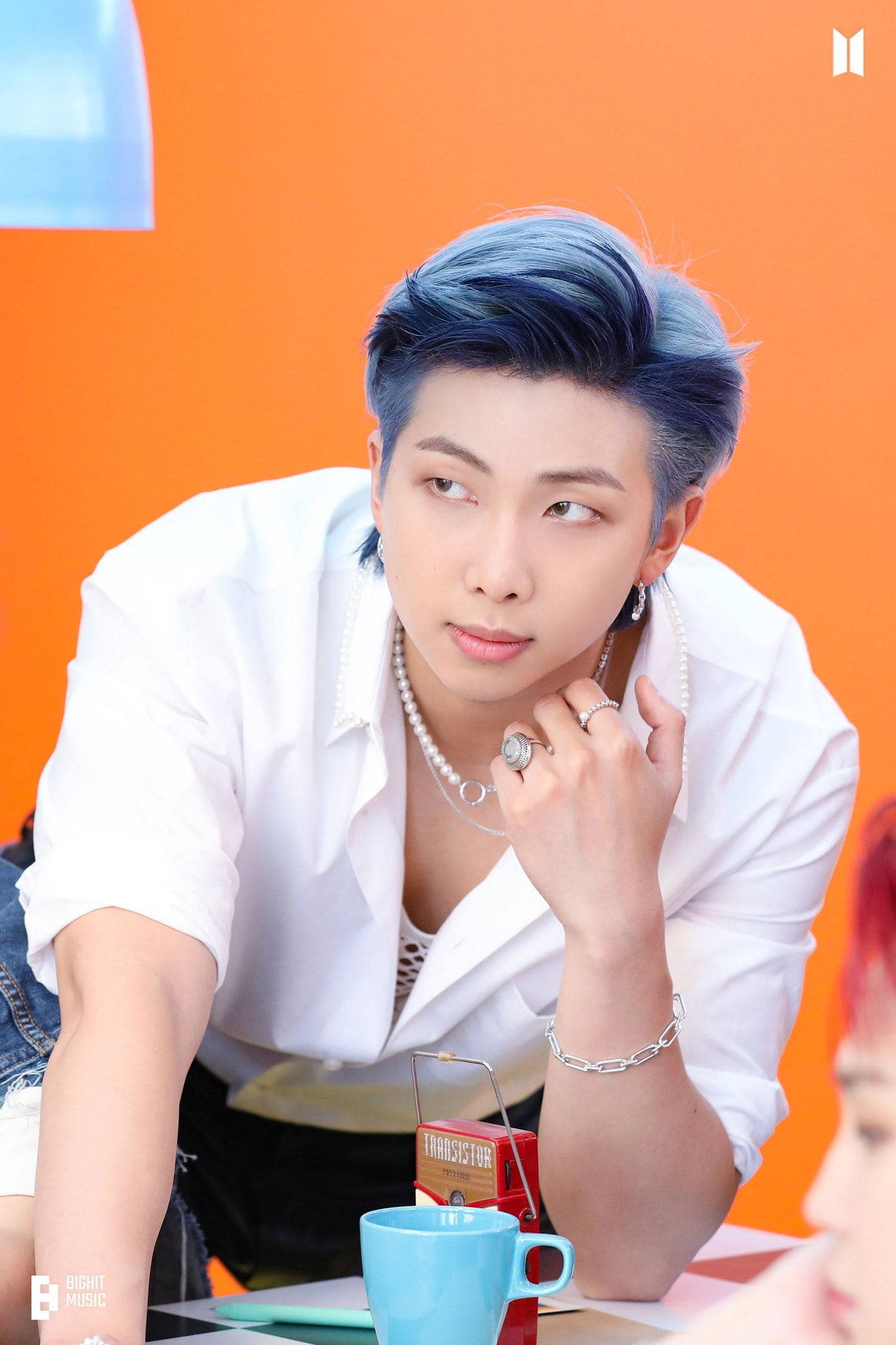 BTS RM, white shirt, blue hair, Full HD Phone Wallpaper