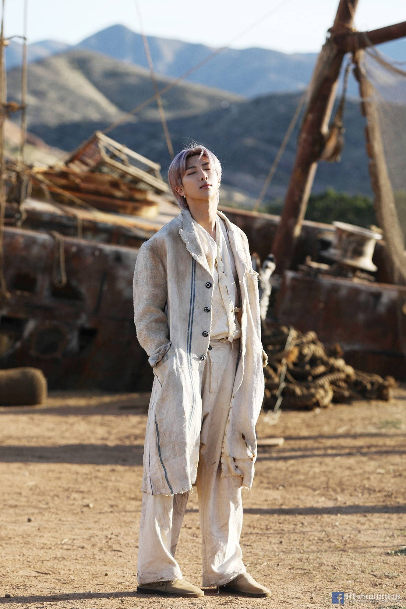 BTS RM, weathered white coat, rusted shipwreck, Full HD Phone Wallpaper