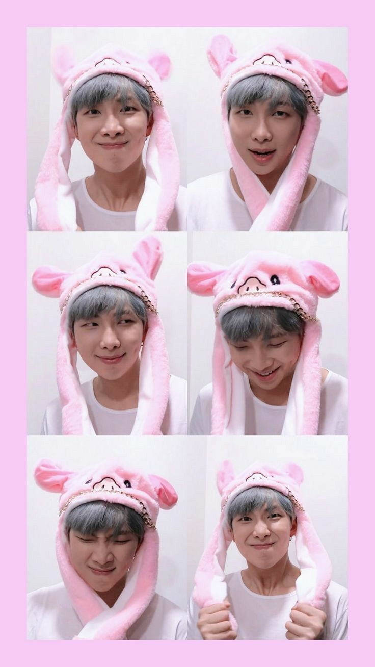 BTS RM, pink bunny, fluffy pink pig hat, HD Phone Wallpaper