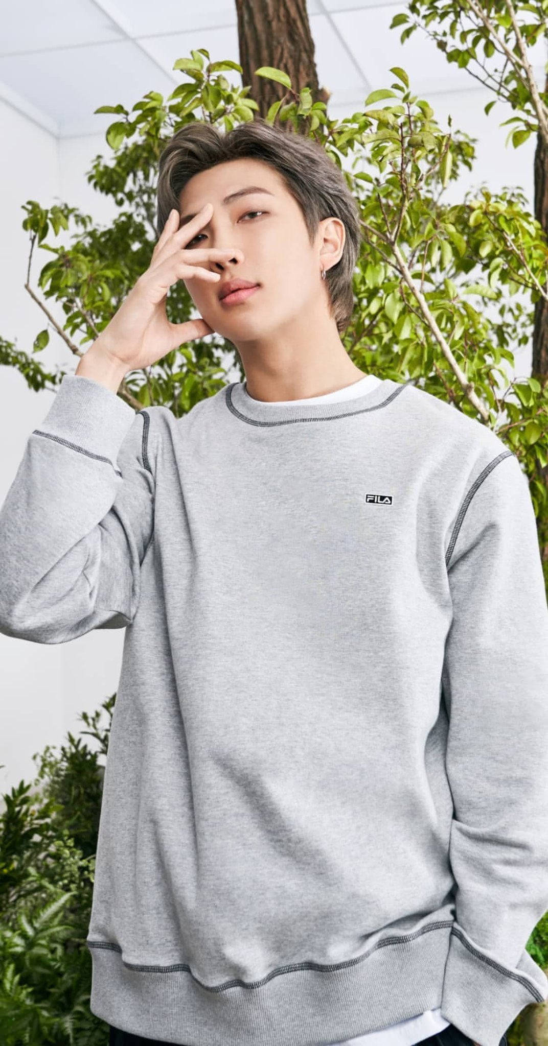 BTS RM, gray sweatshirt, lush greenery, Full HD Phone Wallpaper