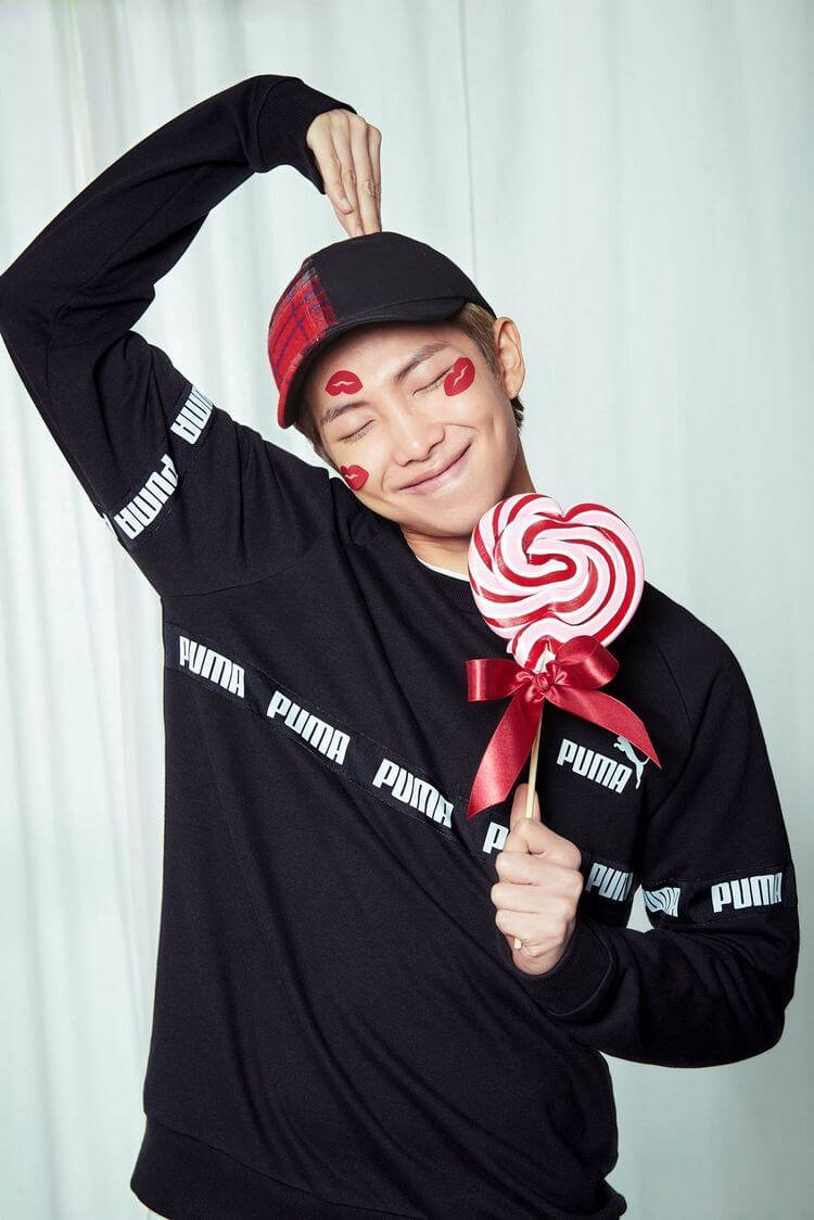 BTS RM, black Puma sweatshirt, red and white heart lollipop, SD Phone Wallpaper