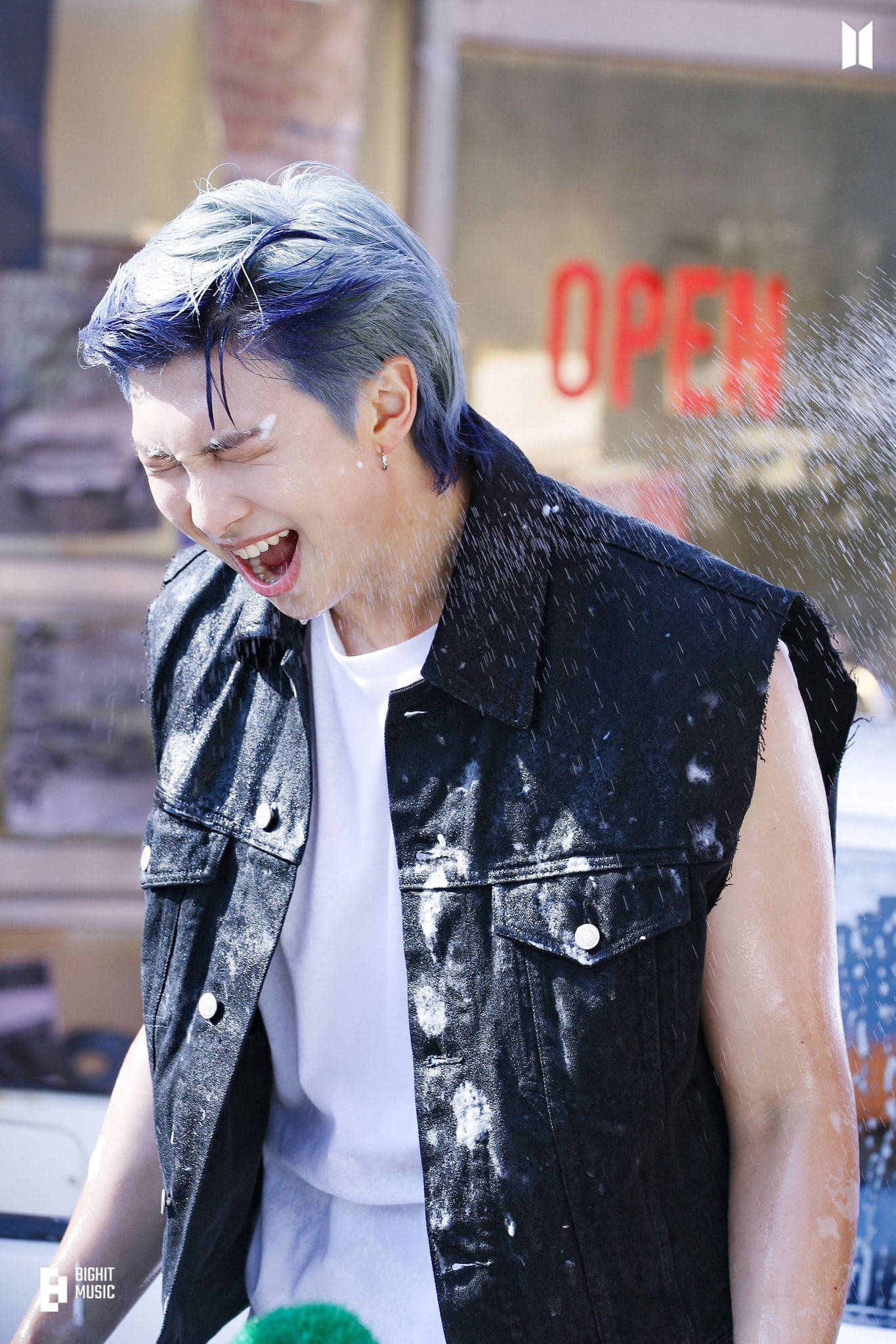 BTS RM, blue hair, water sprays, Full HD Phone Wallpaper