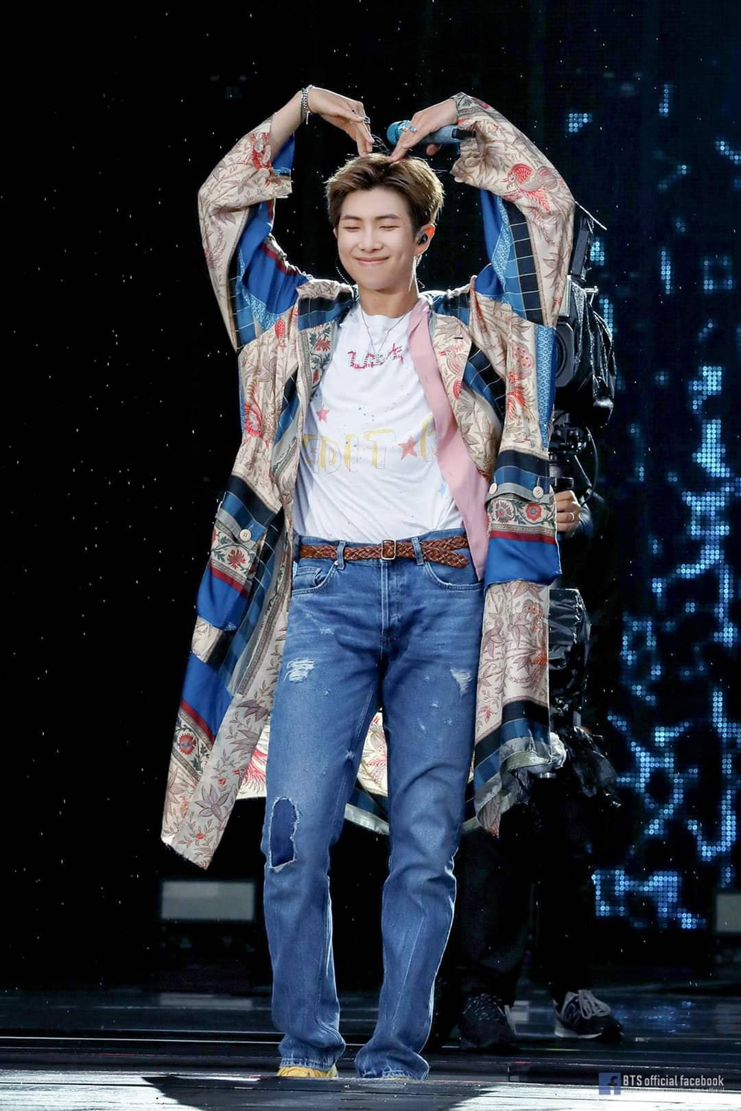 BTS RM, heart pose, colorful patterned jacket, HD Phone Wallpaper