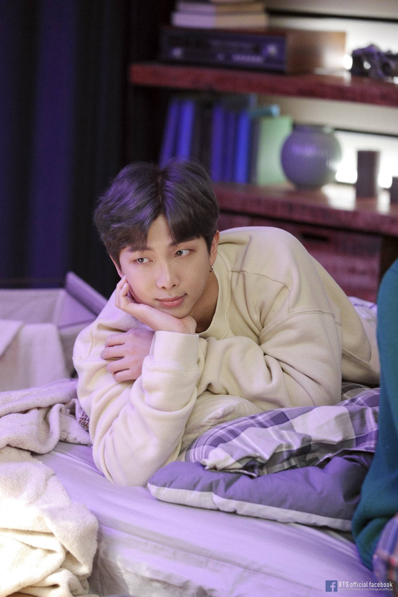 BTS RM, cream hoodie, purple plaid pillows, Full HD Phone Wallpaper