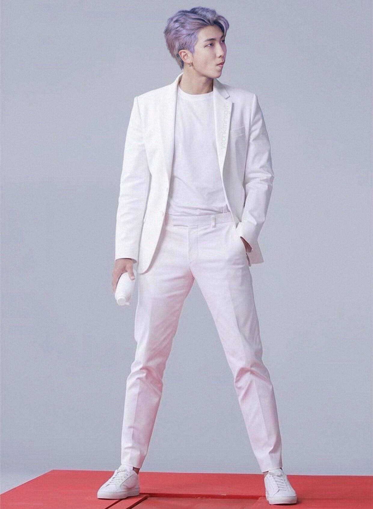 BTS RM, purple hair, full white suit, HD Phone Wallpaper