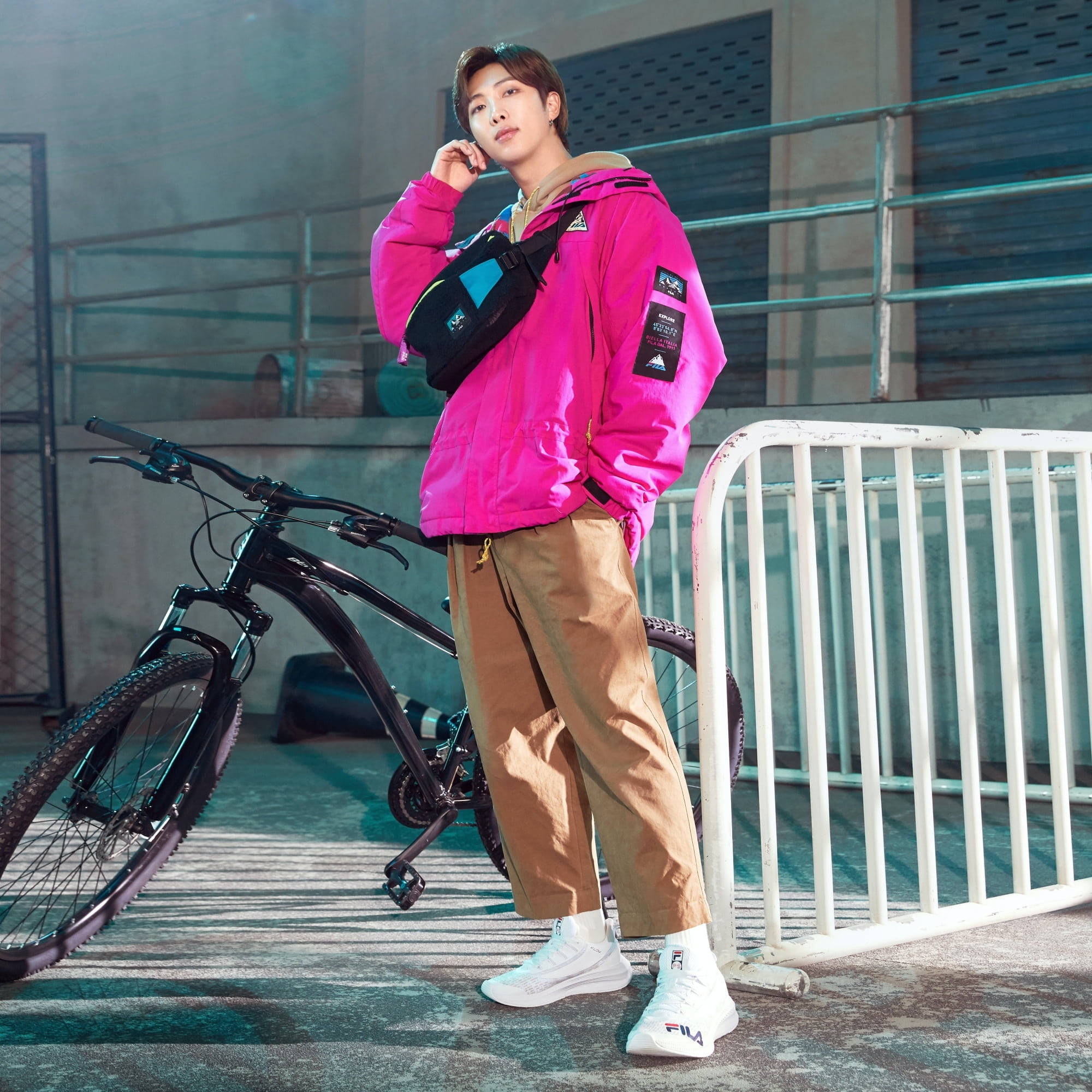 BTS RM, pink jacket, black mountain bike, Full HD Desktop Wallpaper