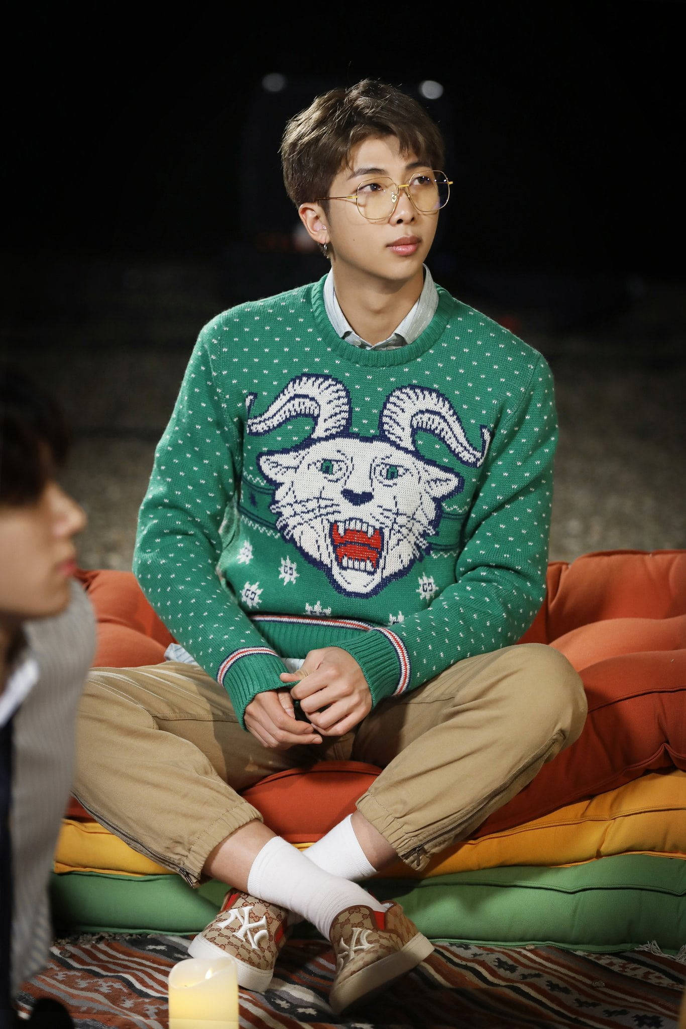 BTS RM, green sweater, white ram face, Full HD Phone Wallpaper