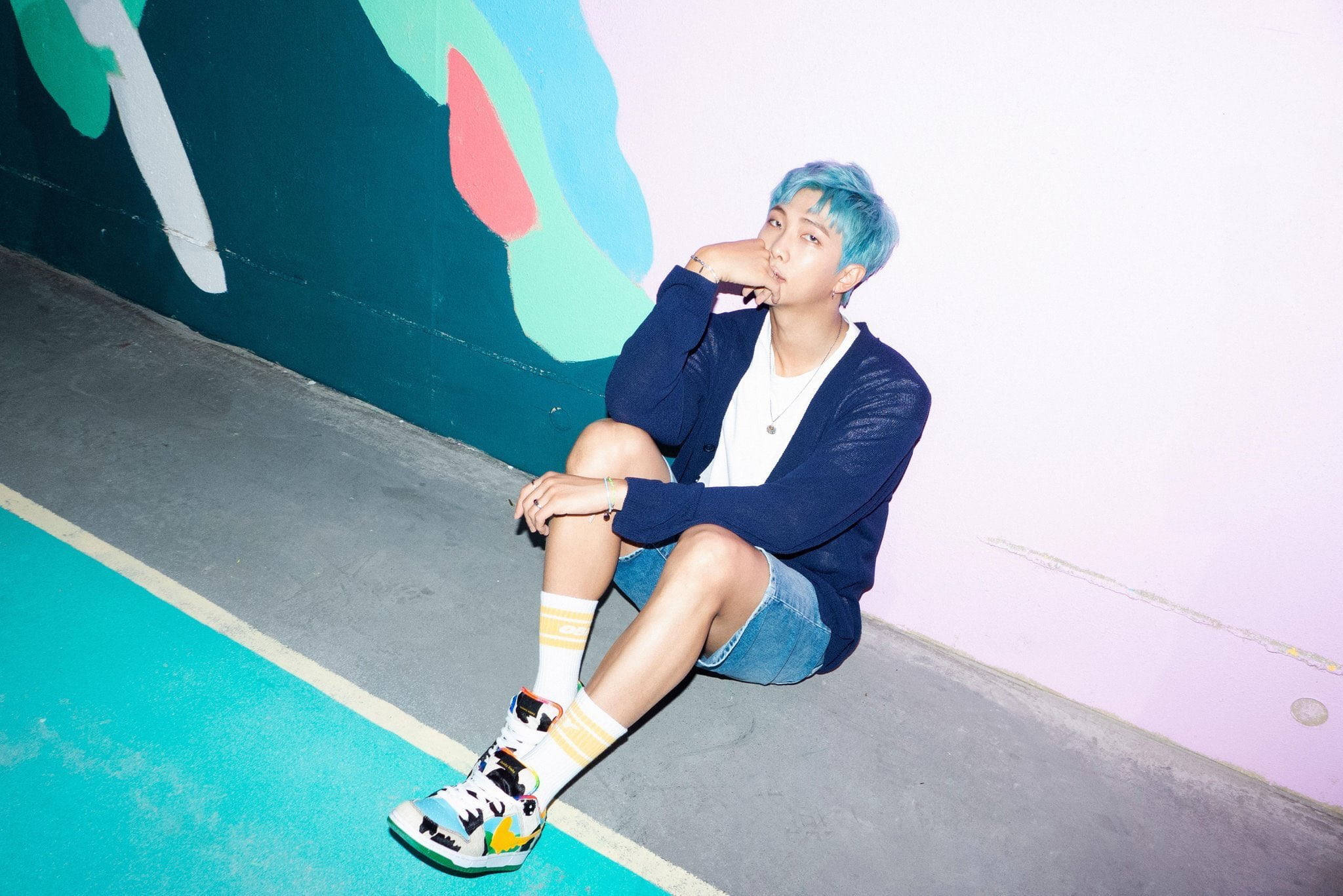 BTS RM, colorful graffiti wall, vibrant urban court, Full HD Desktop Wallpaper