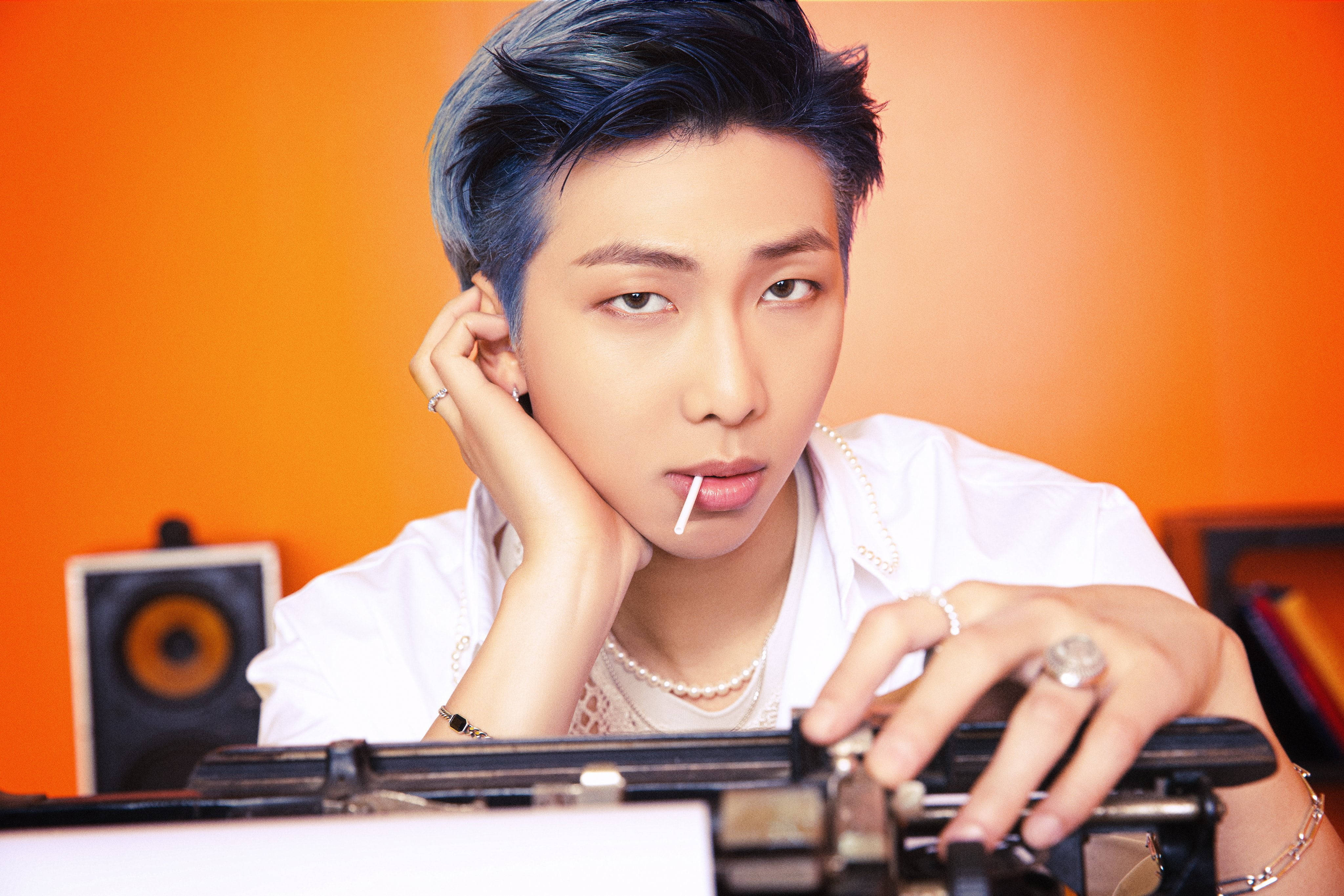 BTS RM, cute lollipop, blue hair, 4K Desktop Wallpaper