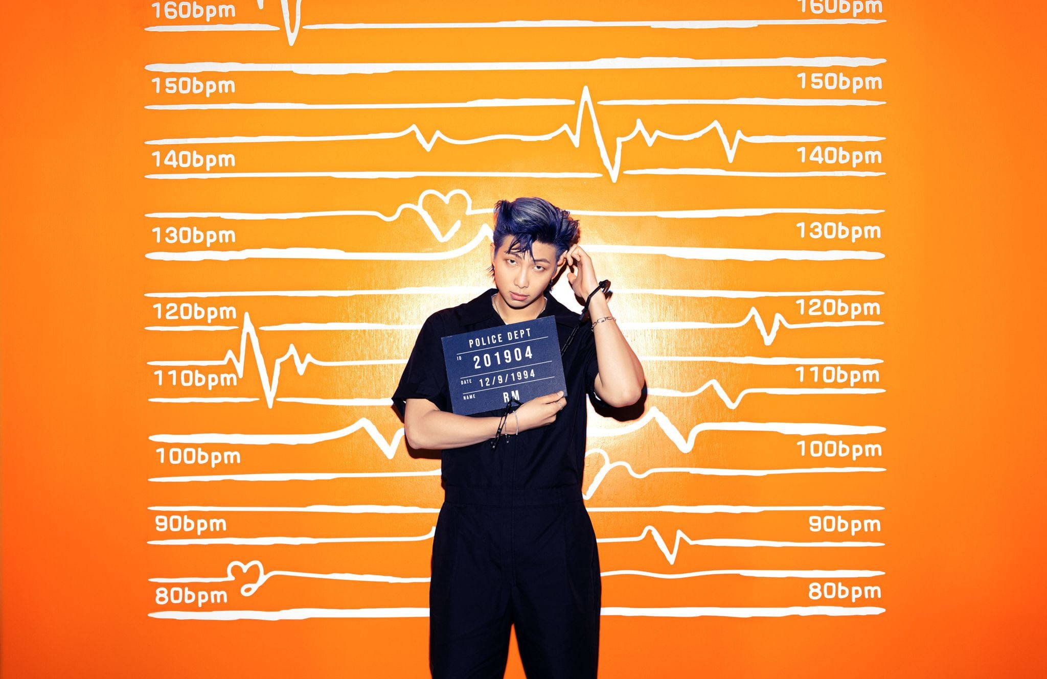 BTS RM, orange wall, white heartbeat line art, Full HD Desktop Wallpaper