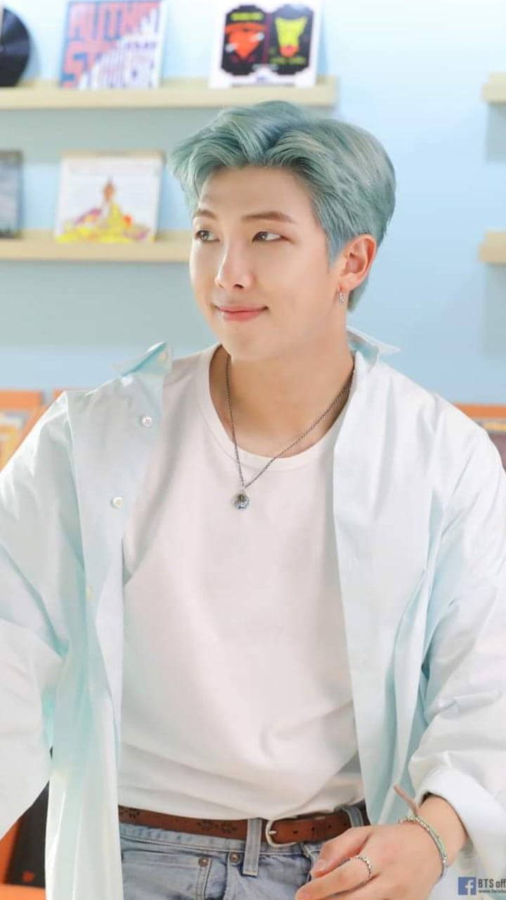 BTS RM, mint green hair, white shirt, HD Phone Wallpaper