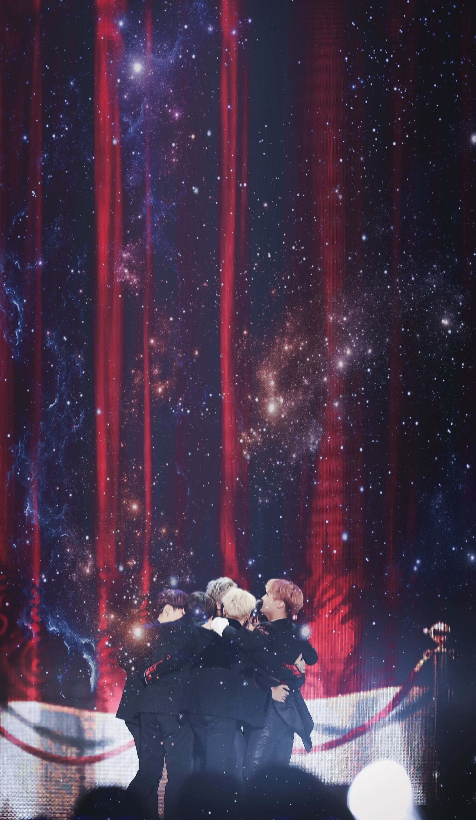 BTS Stage, cosmic backdrop, red light, 2K Phone Wallpaper