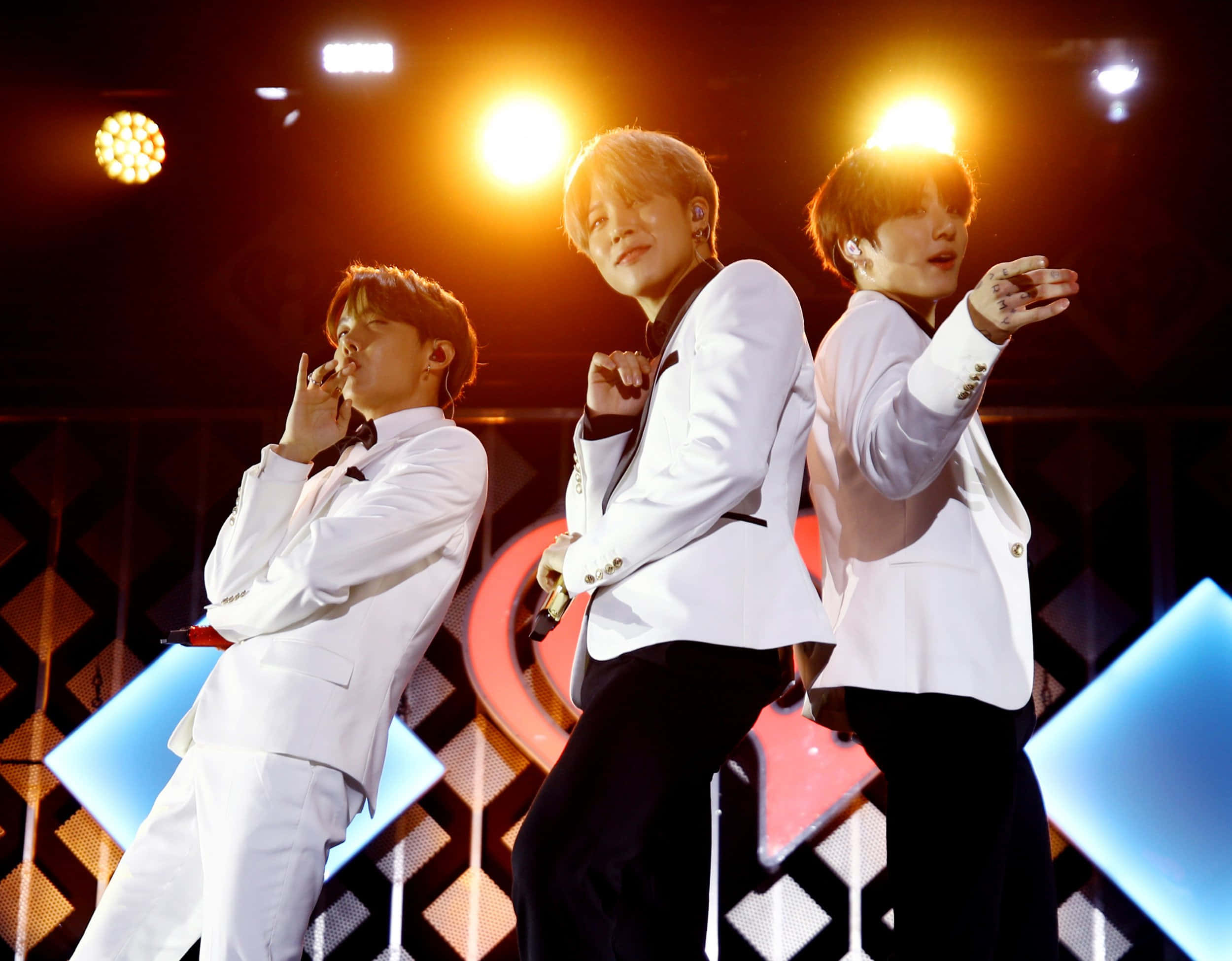 BTS, white suits, bright stage lights, Full HD Desktop Wallpaper