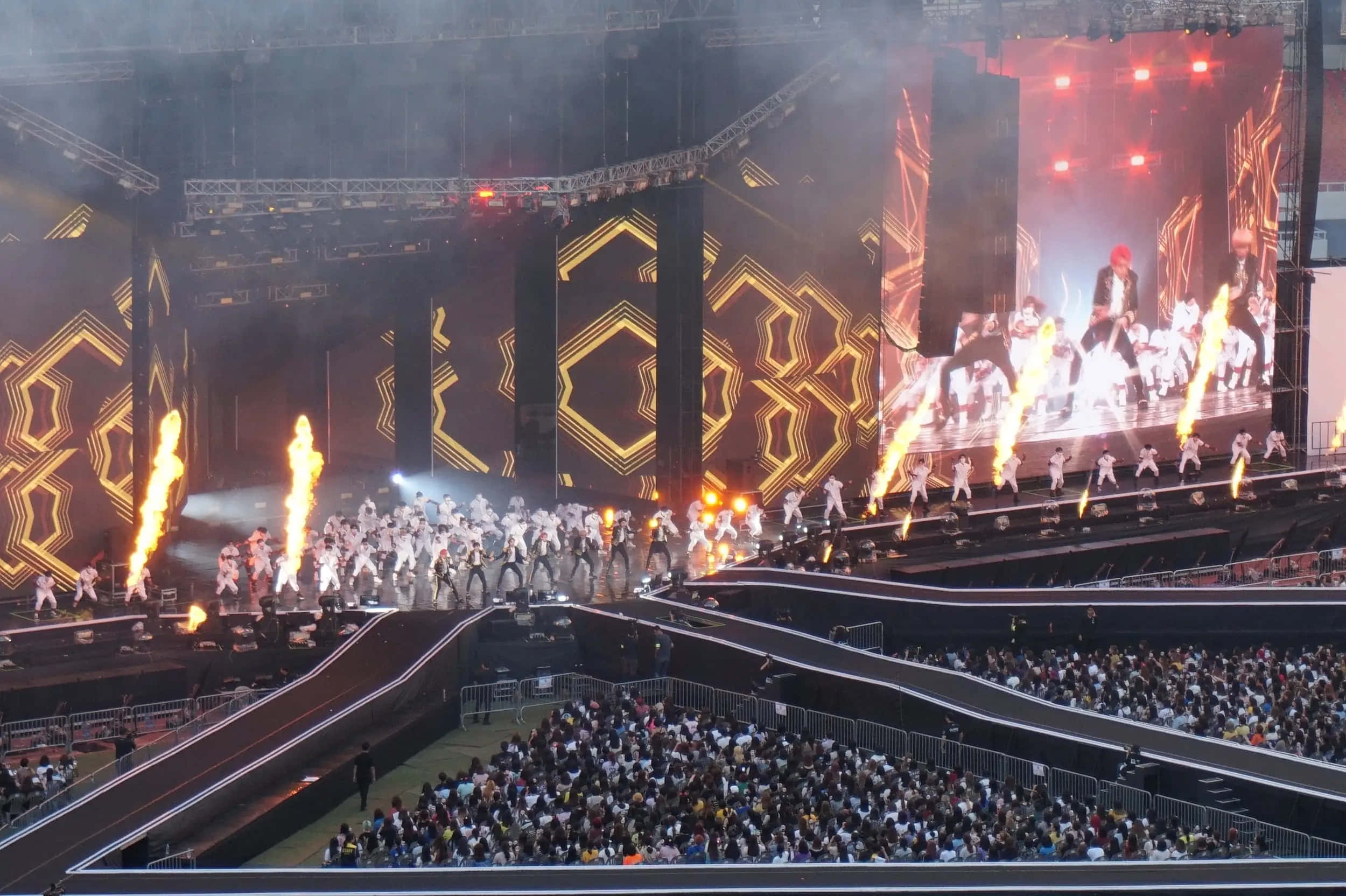 BTS Stage, white outfits, fiery pyrotechnics, Full HD Desktop Wallpaper