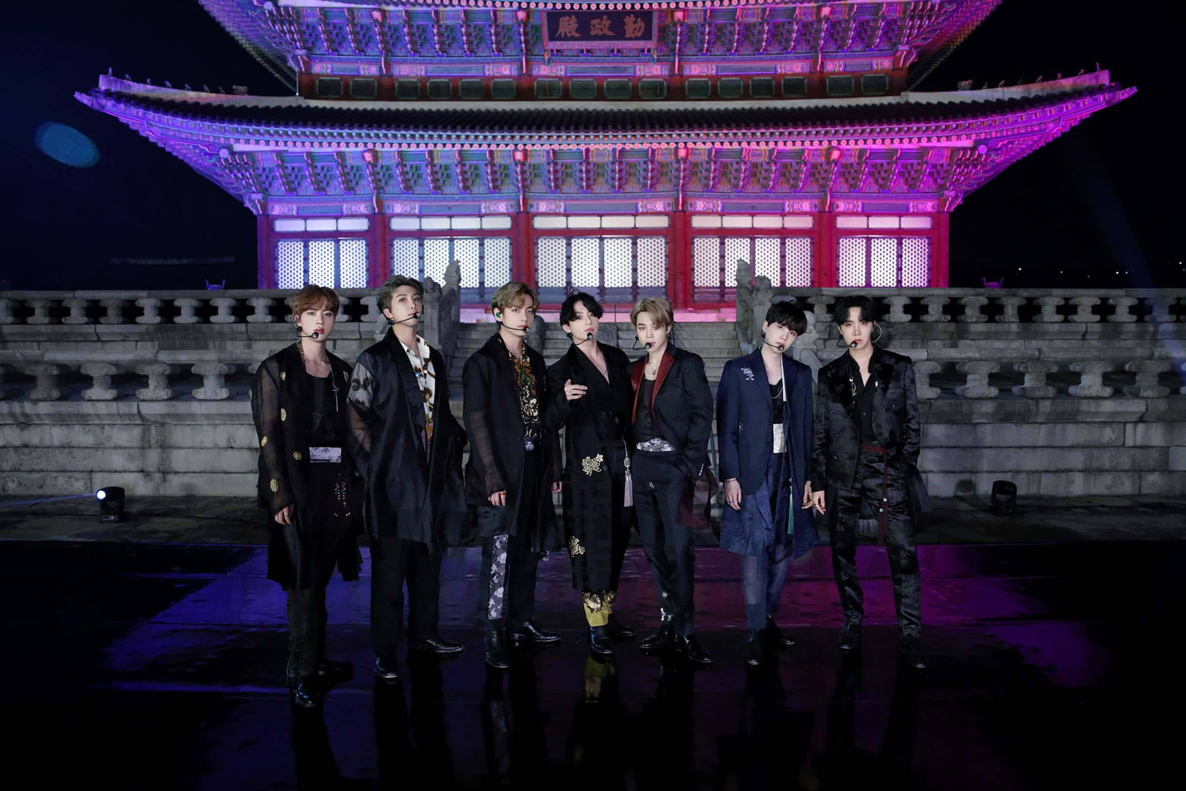 BTS, traditional Korean palace, night, Full HD Desktop Wallpaper
