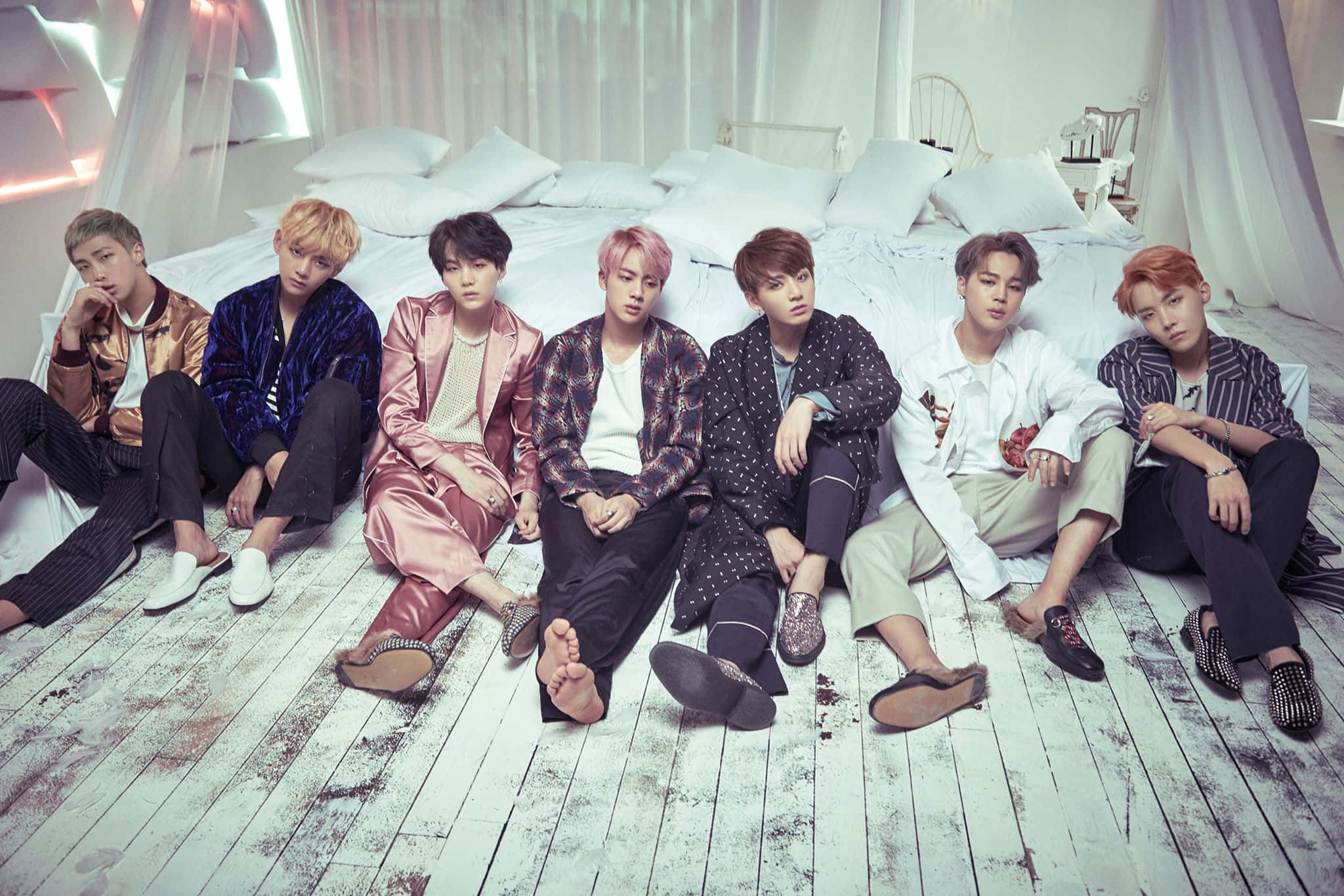 BTS, MV scene, colorful outfits, Full HD Desktop Wallpaper
