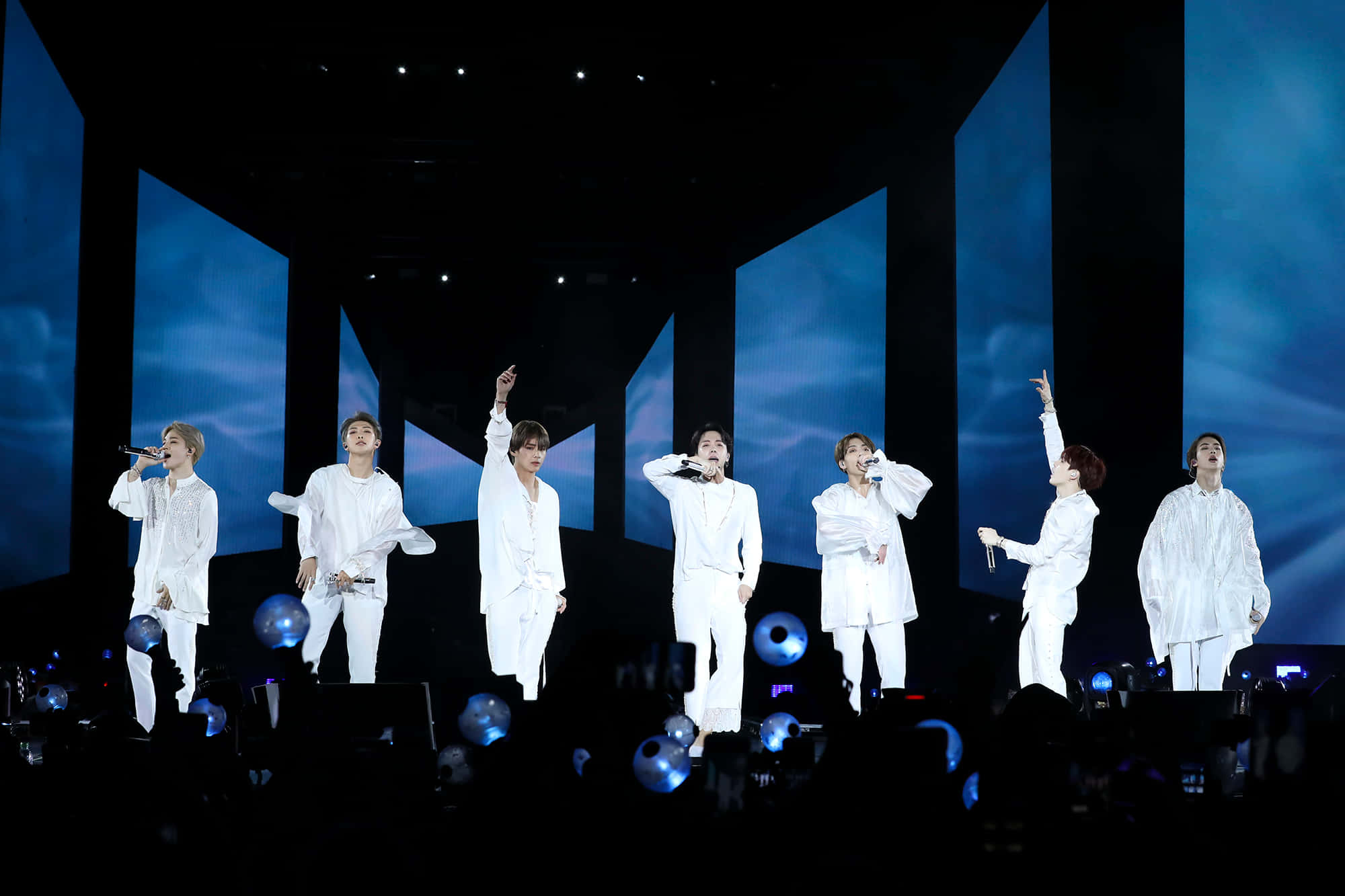 BTS Stage, white outfits, dark stage, Full HD Desktop Wallpaper