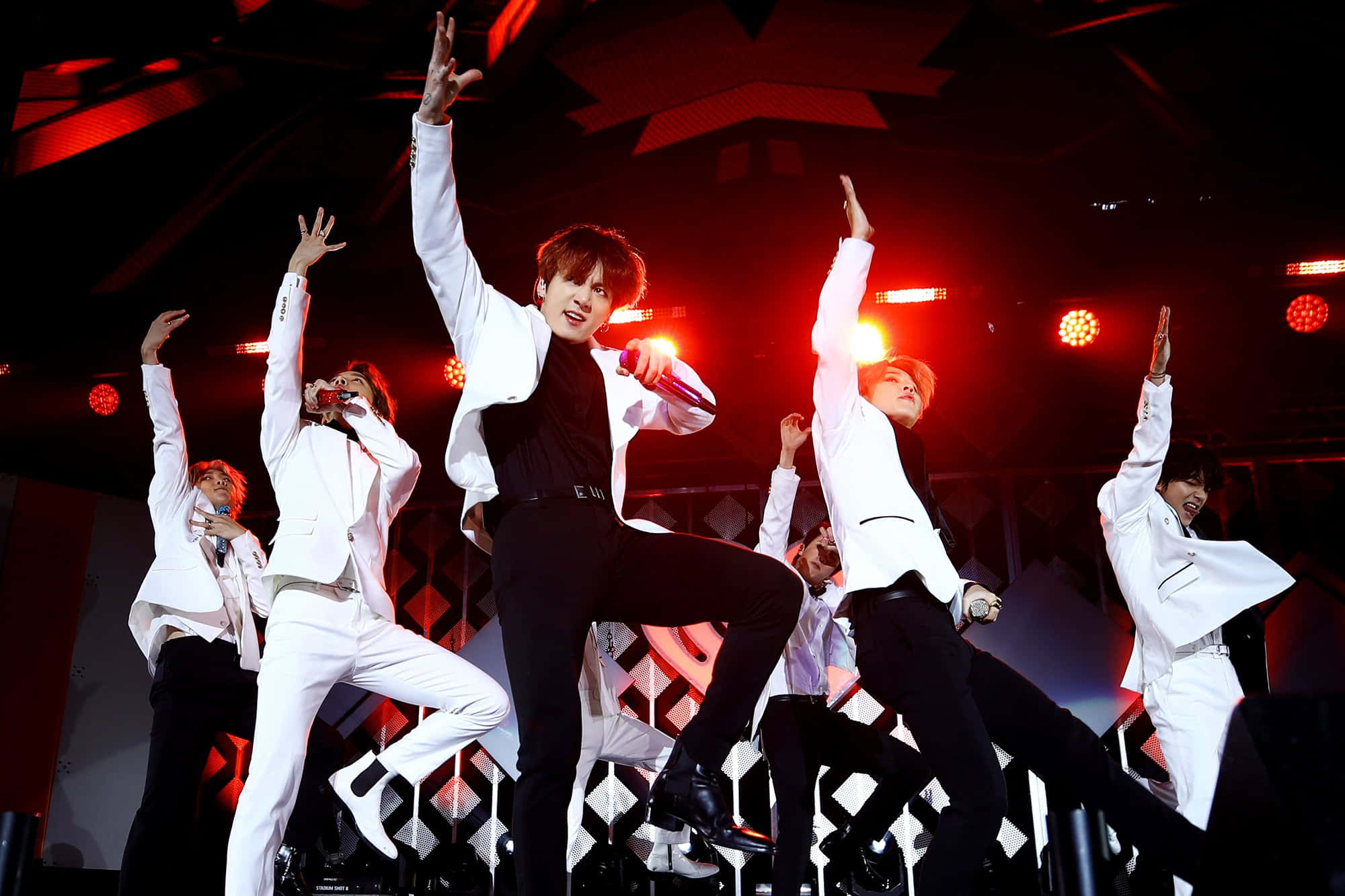 BTS, white suits, red stage lights, Full HD Desktop Wallpaper
