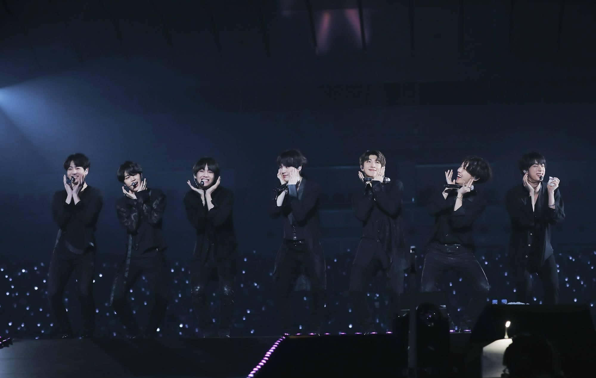 BTS Stage, black suits, blue stage lights, Full HD Desktop Wallpaper