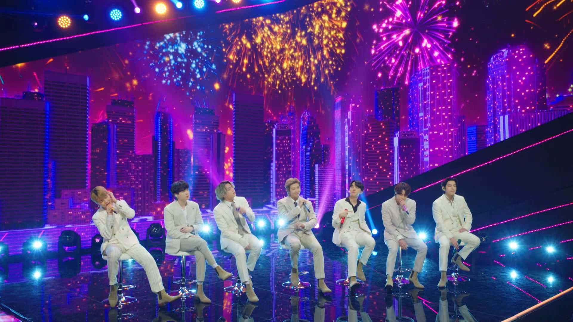 Bts Stage, white suits, glossy stage, Full HD Desktop Wallpaper