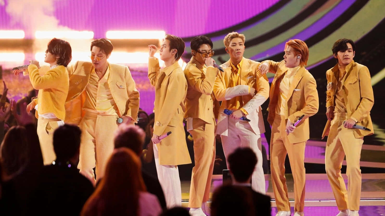 BTS, yellow suits, vibrant purple and gold lighting, HD Desktop Wallpaper
