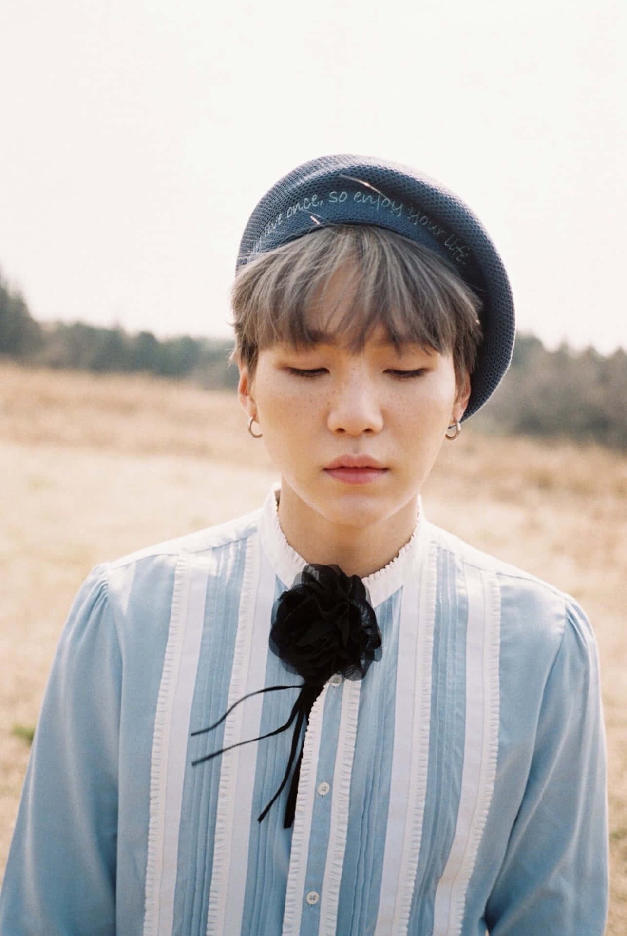 BTS Suga, blue striped shirt, blue beret, Full HD Phone Wallpaper