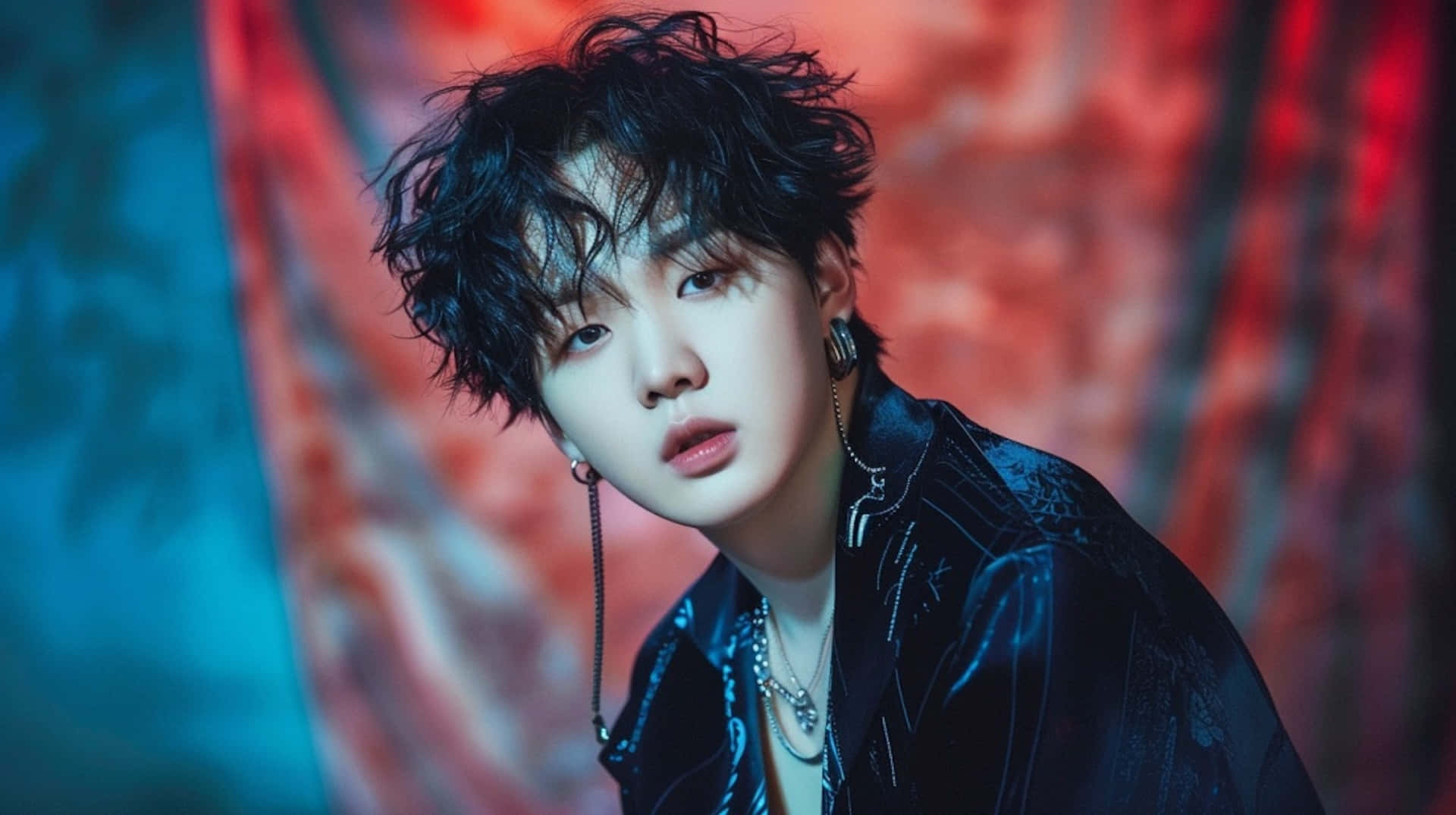 BTS Suga, dark tousled hair, silver jewelry, Full HD Desktop Wallpaper