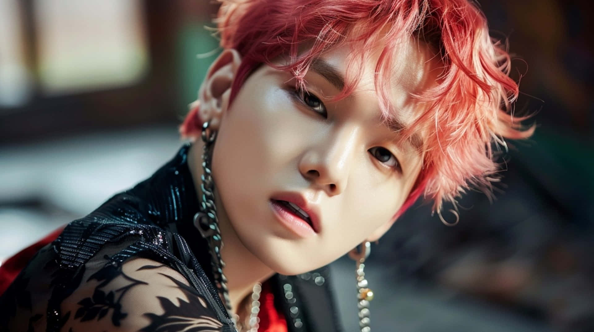BTS Suga, vibrant pink hair, black lace top, Full HD Desktop Wallpaper
