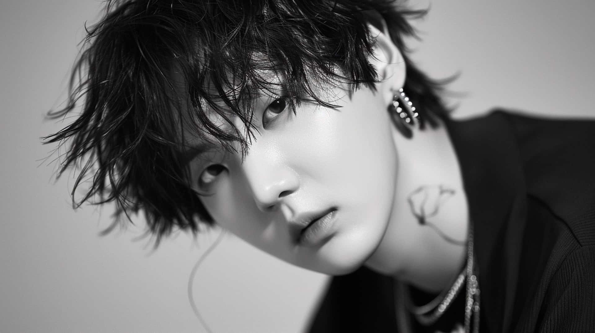 BTS Suga, monochrome aesthetic, tousled hair, Full HD Desktop Wallpaper