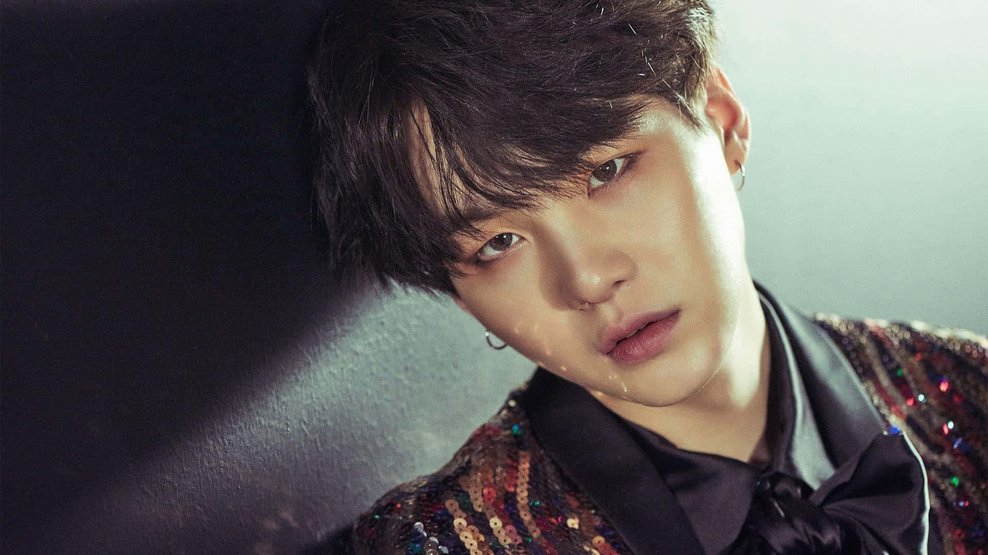 BTS Suga, glittering multicolored jacket, dark textured wall, Full HD Desktop Wallpaper