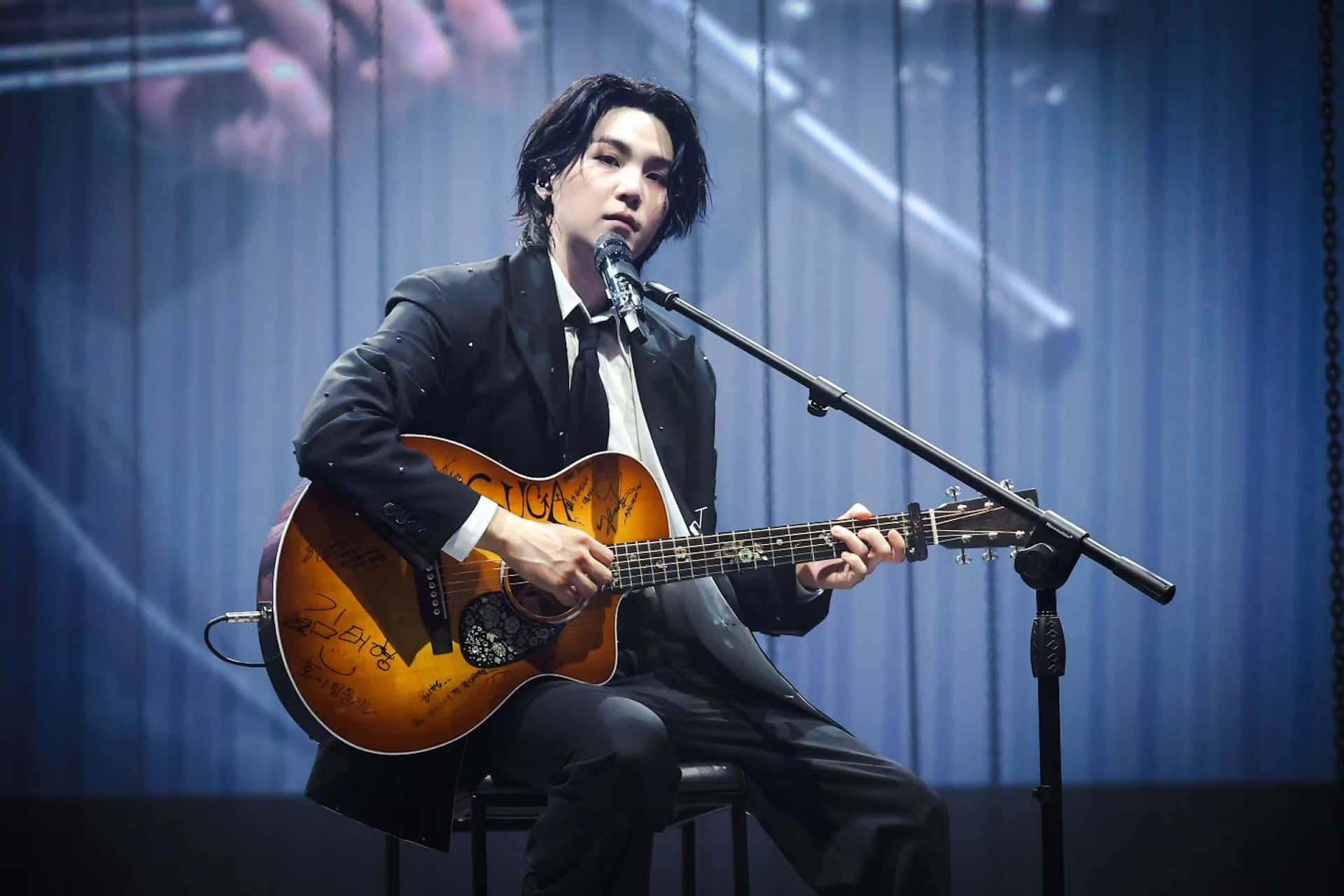 Suga, black suit, sunburst acoustic guitar, Full HD Desktop Wallpaper