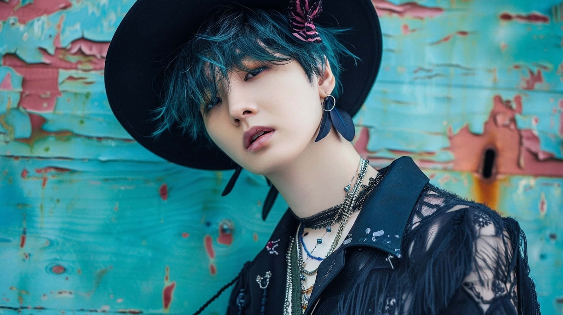 BTS Suga, blue hair, black hat, Full HD Desktop Wallpaper