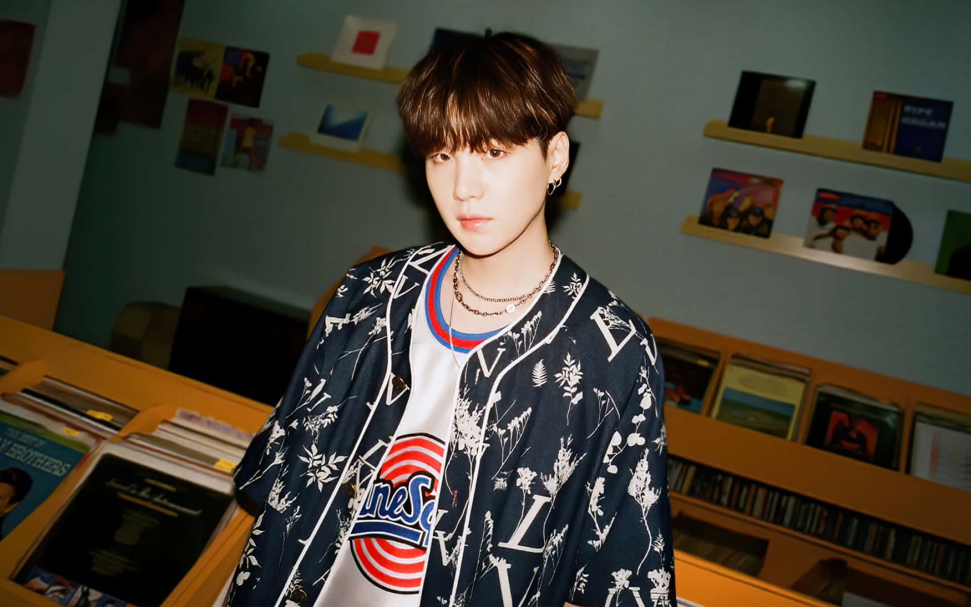 BTS Suga, floral patterned jacket, graphic tee, Full HD Desktop Wallpaper