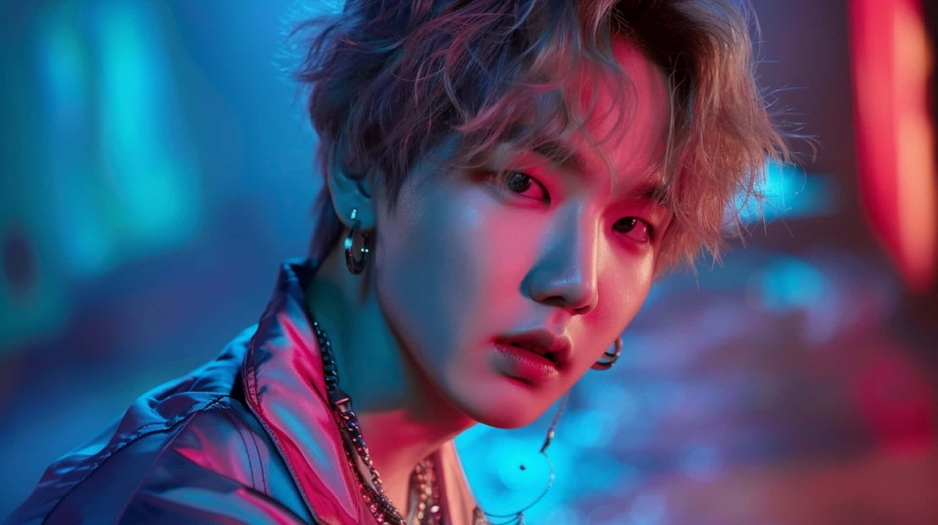BTS Suga, blue aesthetic, neon-lit urban backdrop, Full HD Desktop Wallpaper